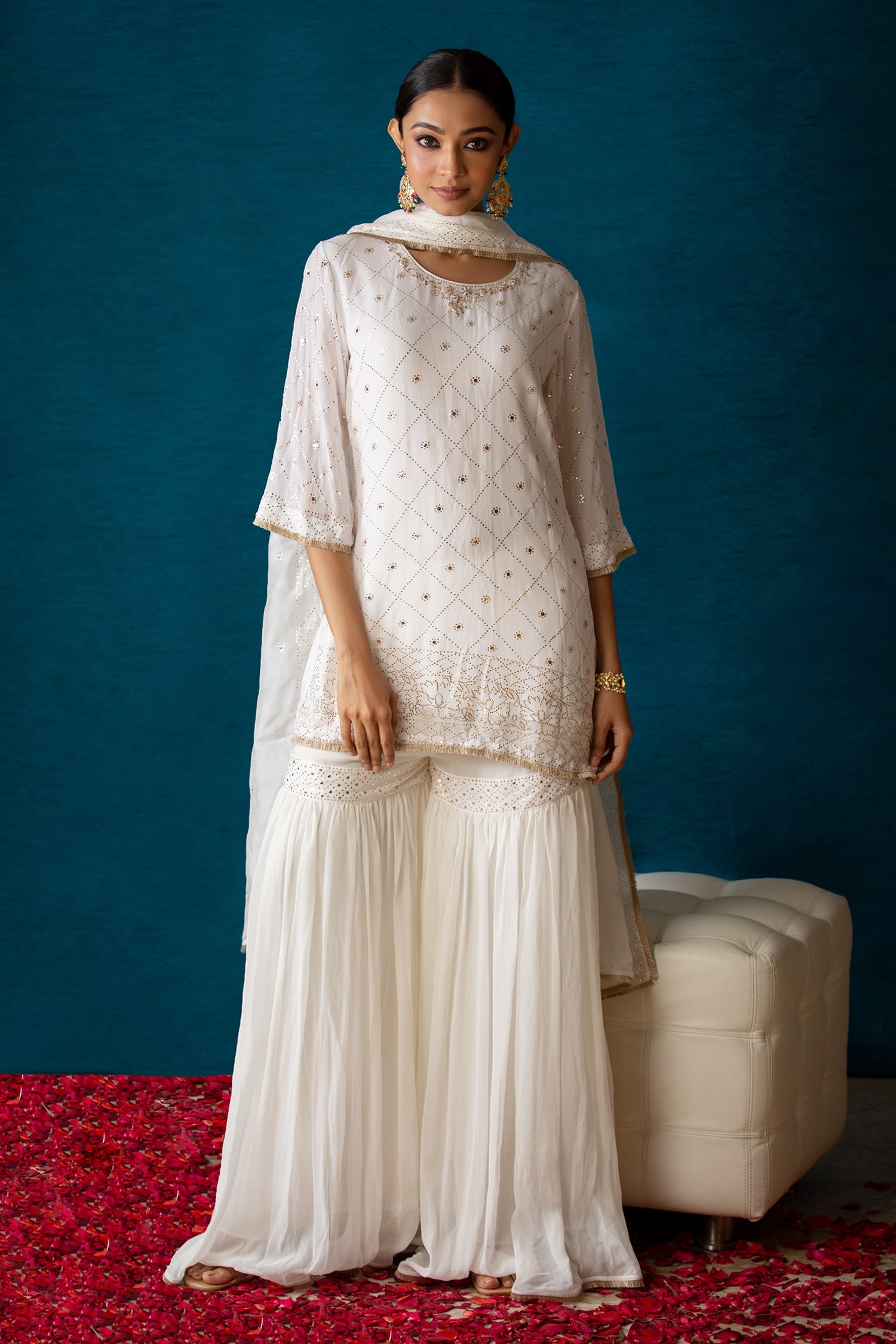 Buy White Kurta And Sharara Dupattatabby Silk Embroidery Ela