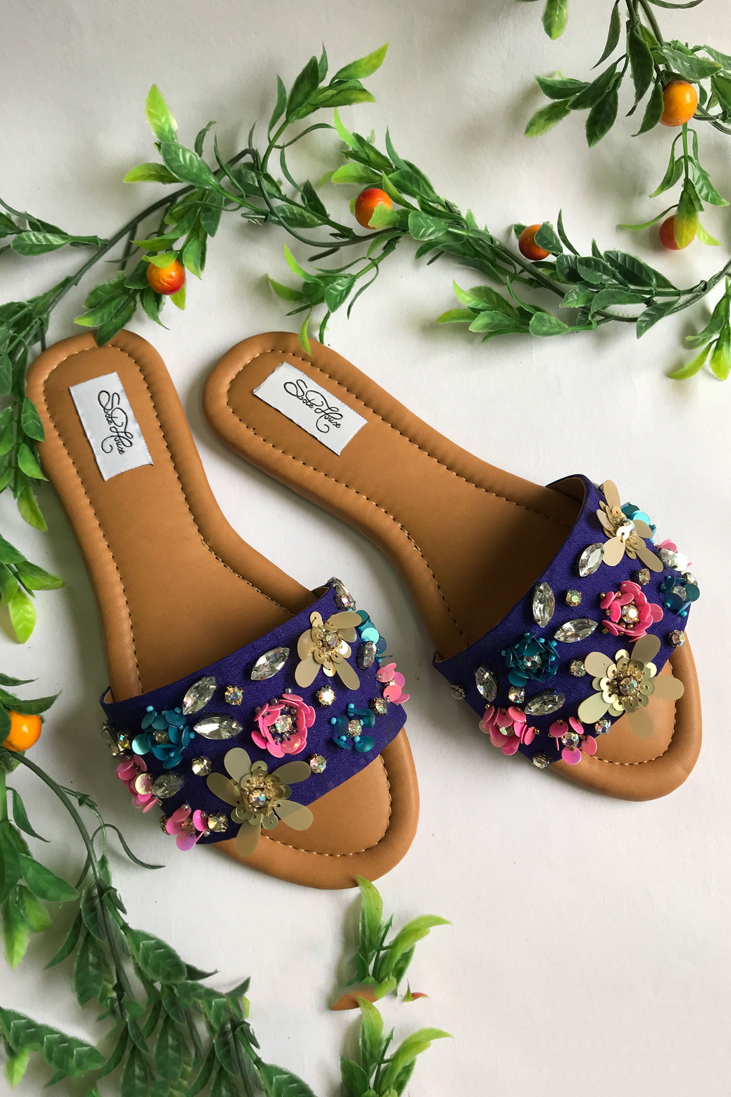 Buy Blue Embroidered Floral Crystal Sliders by Sole House Online at Aza ...