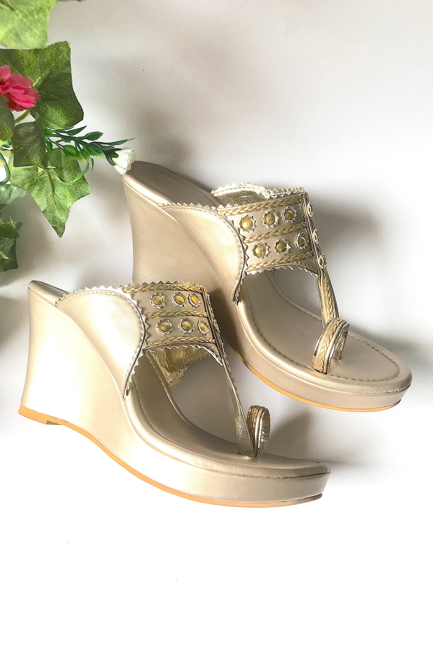 Buy Gold Embroidered Kolhapuri Wedges by Sole House Online at Aza Fashions.