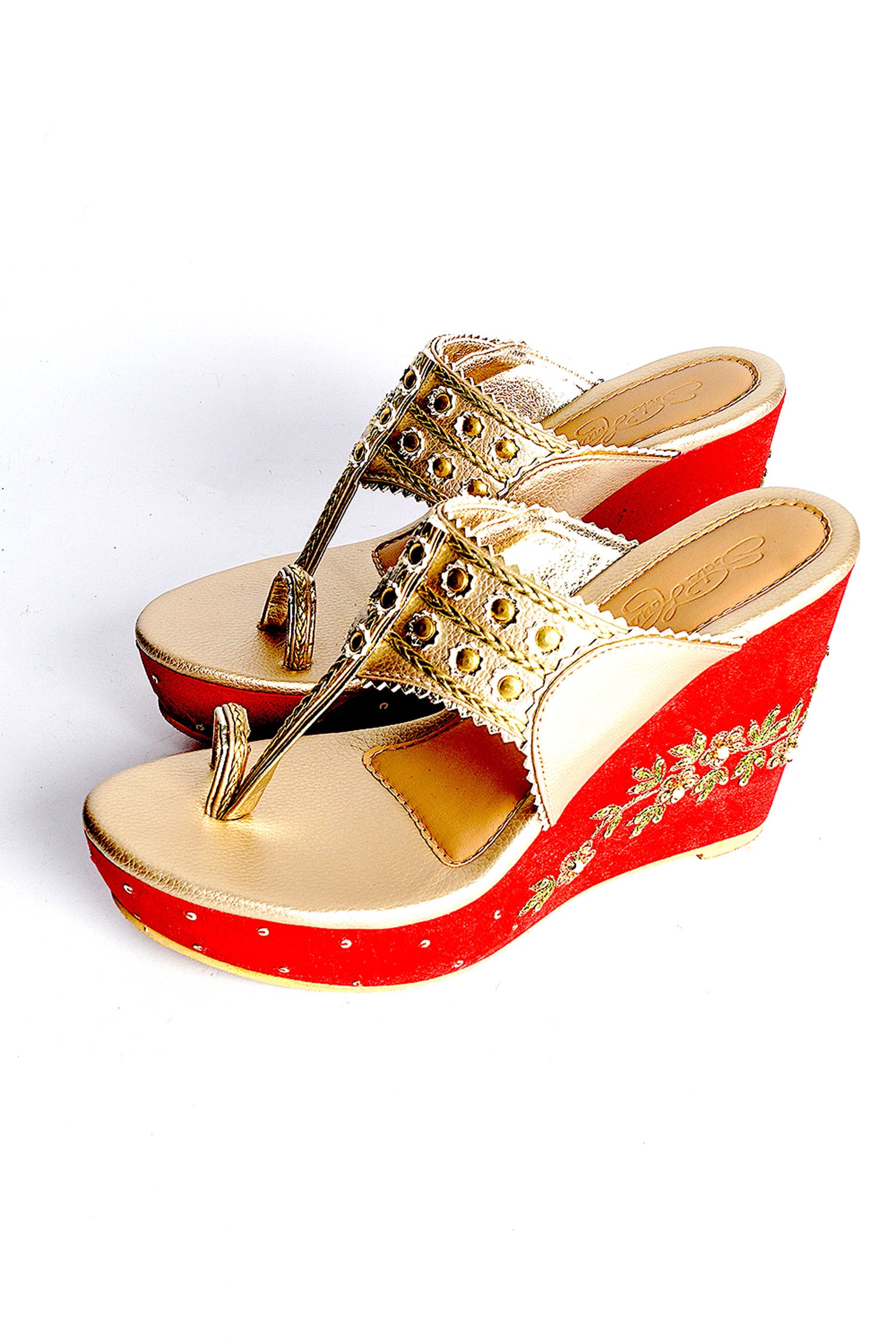 Buy Sole House Gold Raw Silk Floral Kolhapuri Embroidered Wedges Online