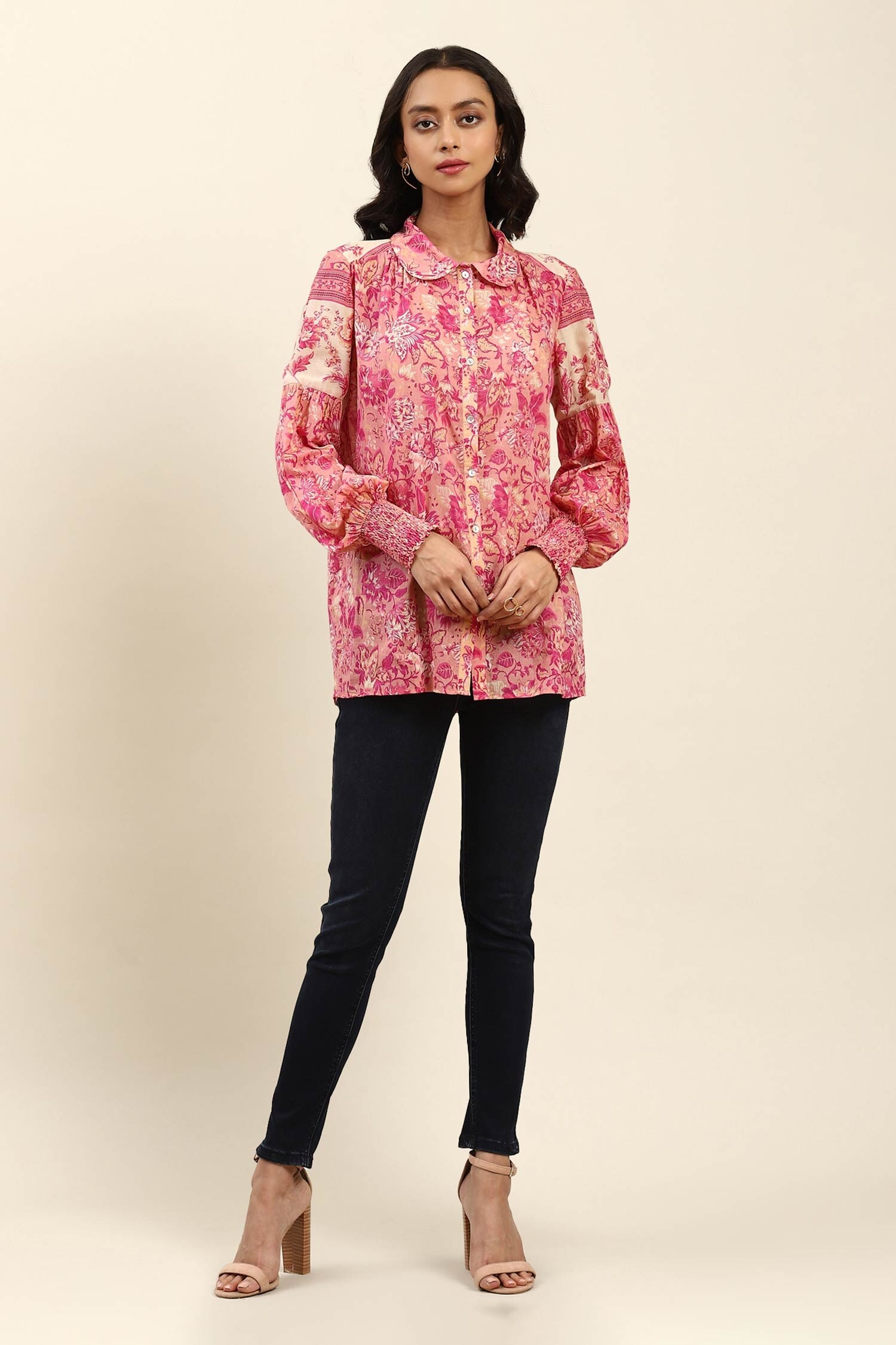 Buy Aarke Ritu Kumar Pink Cotton Voile Floral Print Puff Sleeve Shirt ...