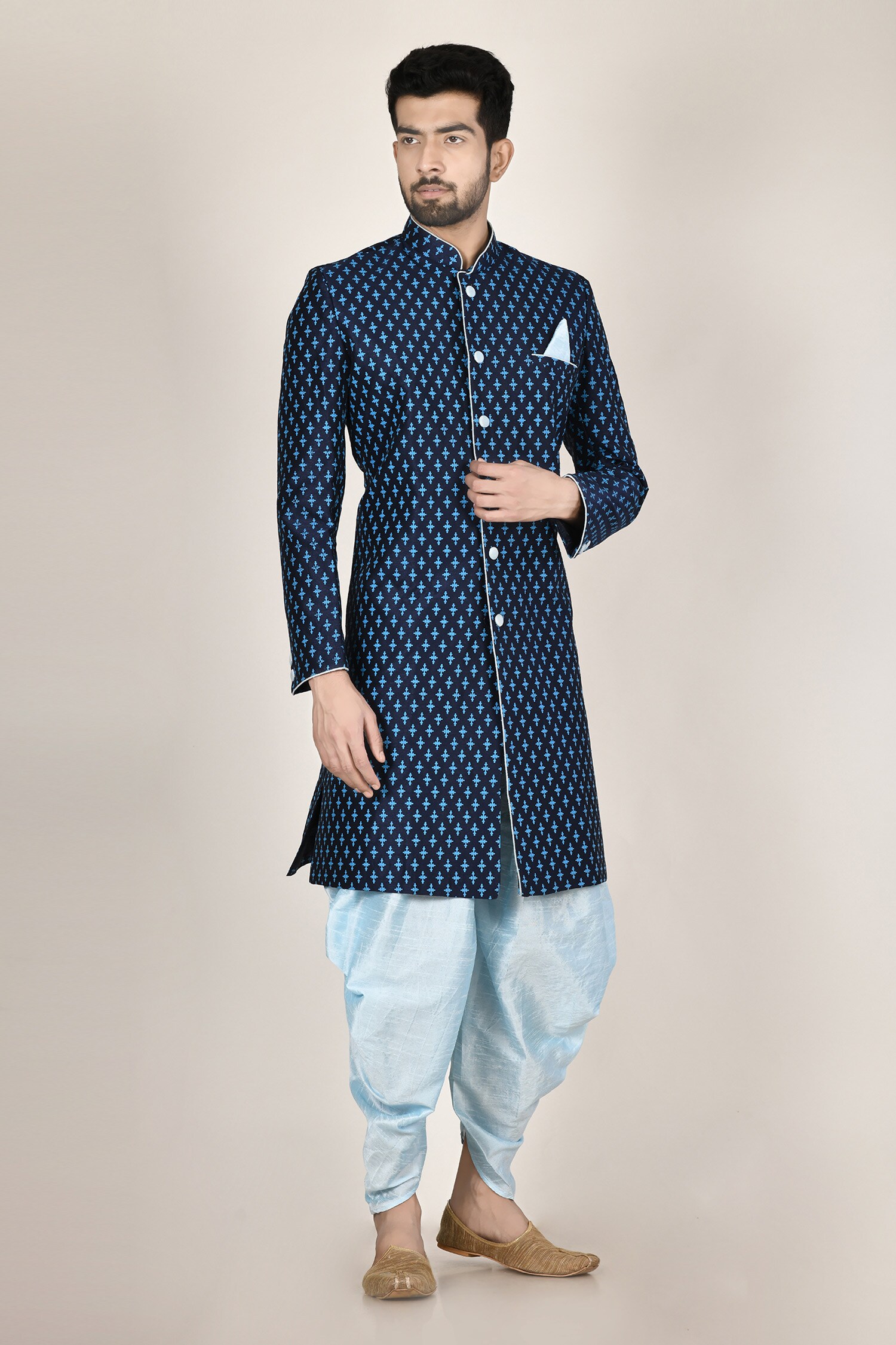 Buy Aryavir Malhotra Blue Printed Silk Kurta And Dhoti Pant Set Online
