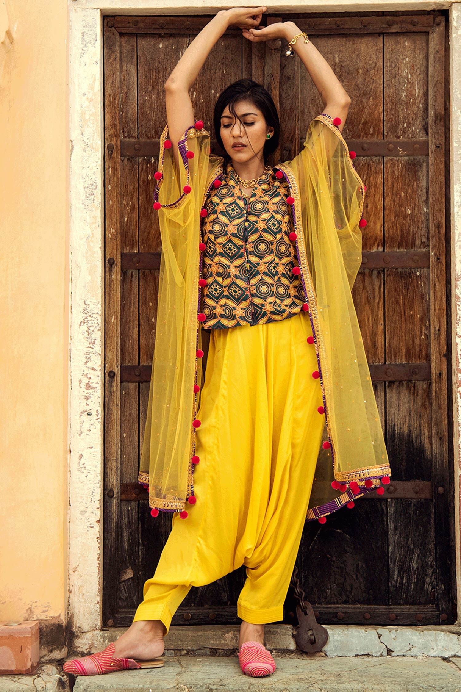 Georgette Thread-Sequins Embroidered Nayra Cut Red Salwar with Yellow  Palazzo and Blue Designer Dupatta | Exotic India Art