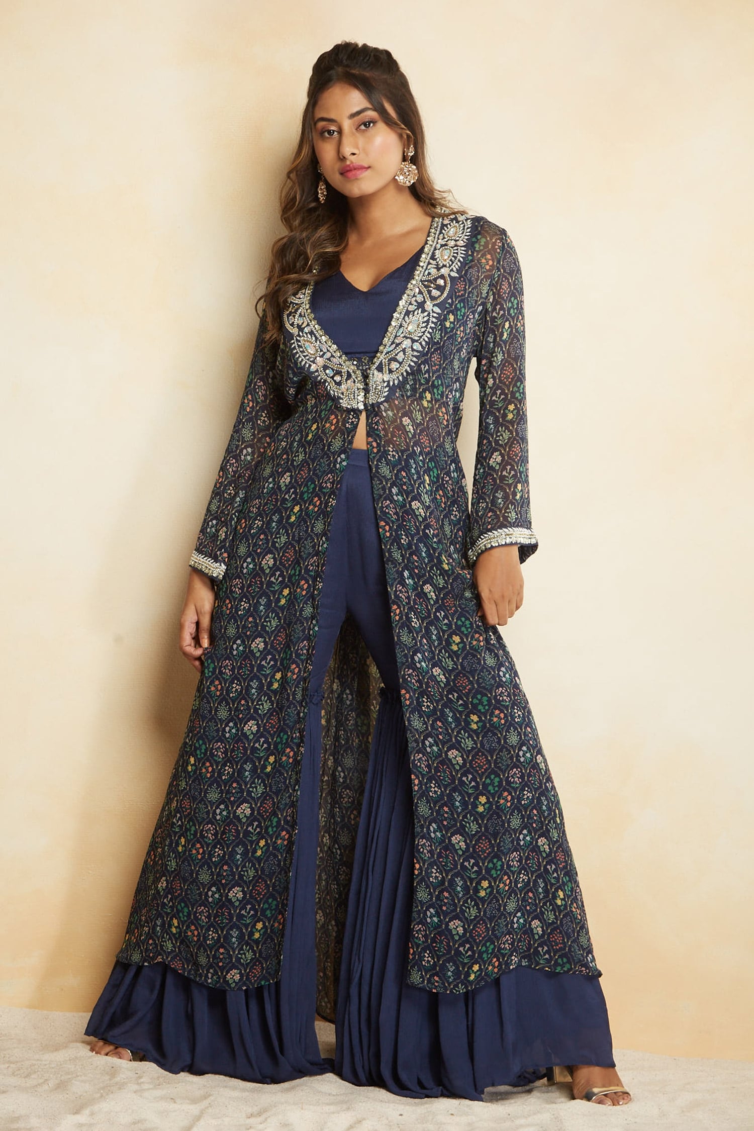 Buy Blue Jacket Print And Embroidery Floral Jacket Sharara