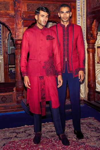 Blue red ombre embroidered long bundi