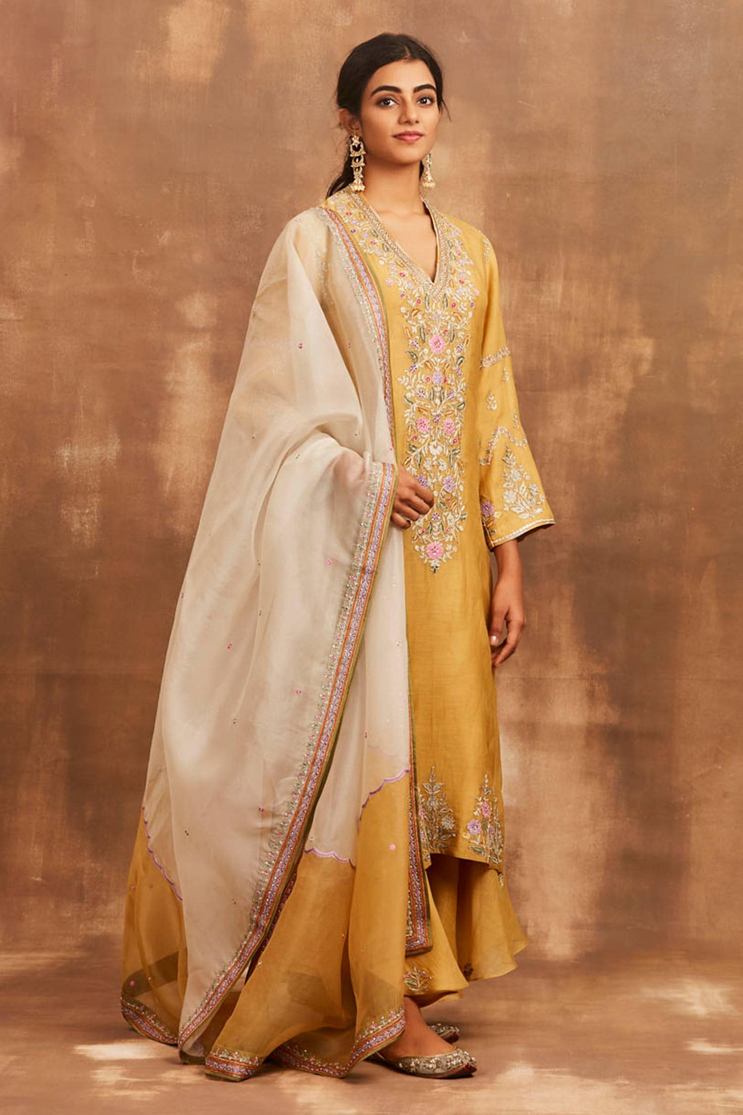 Buy Yellow Mul V Neck Embroidered Kurta Set For Women by Sue Mue Online ...