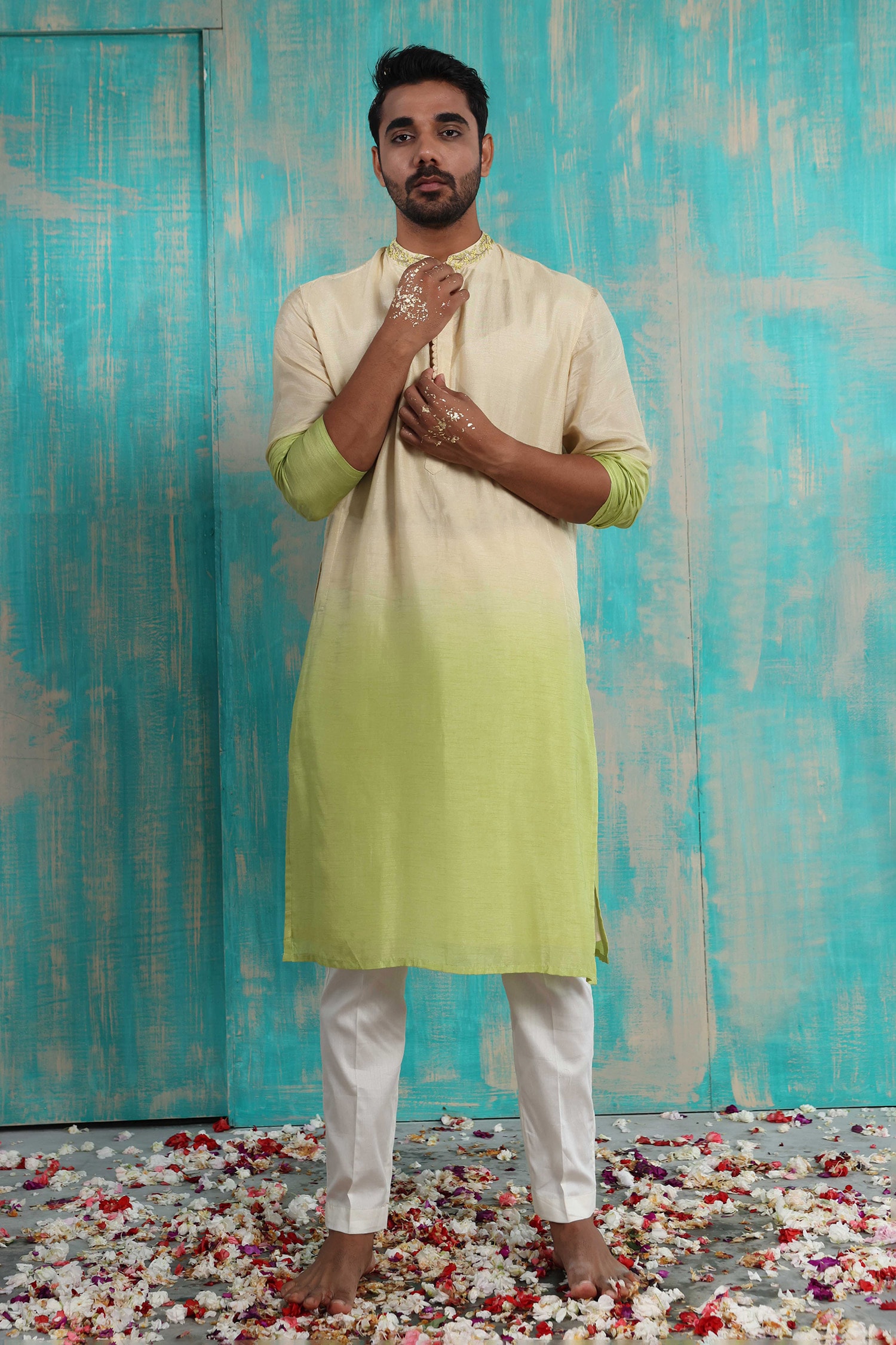 Buy Green Kurta: Silk Plain Orang Ombre And Pant Set For Men by Smriti ...