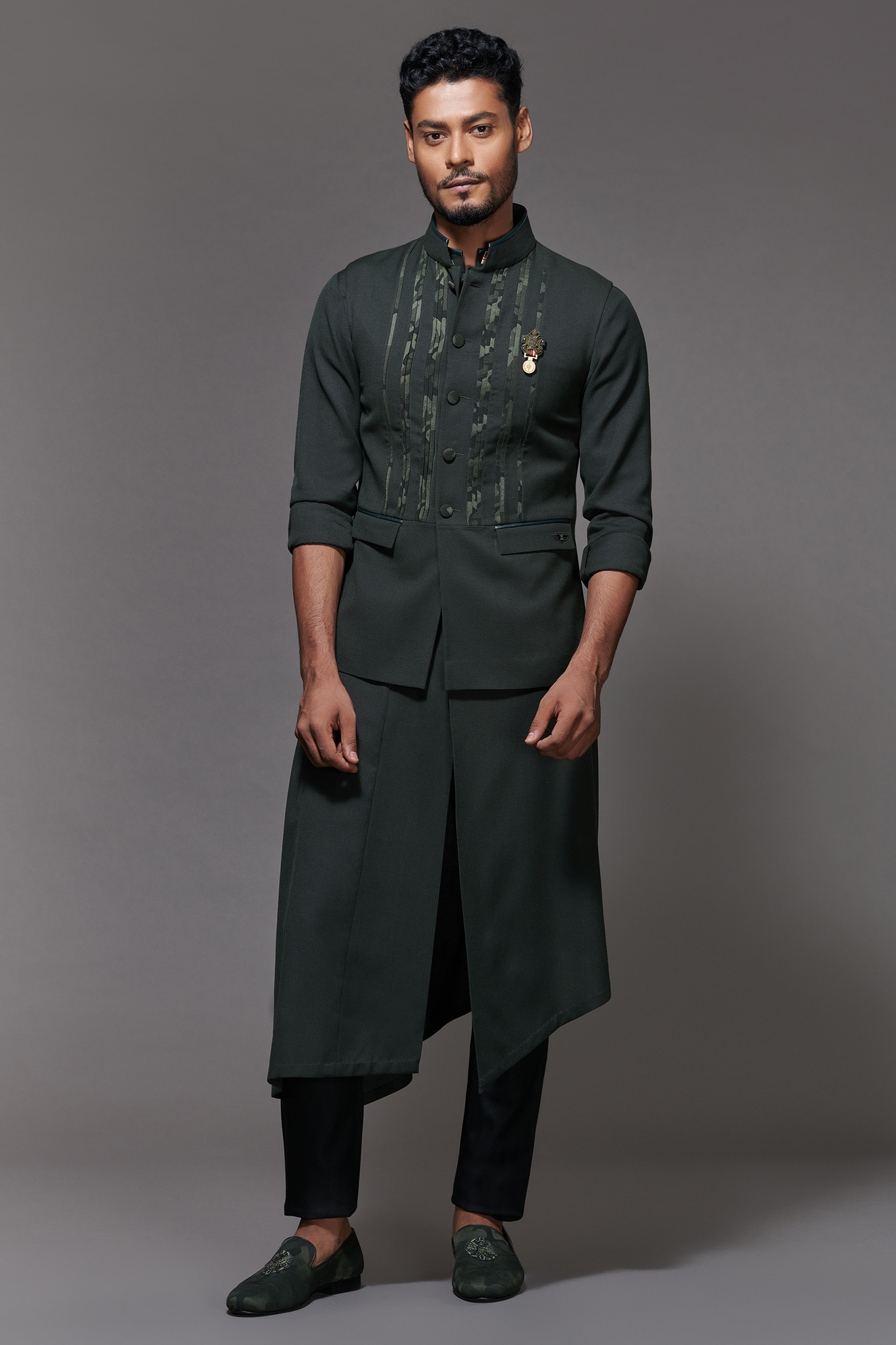 Buy S&N by Shantnu Nikhil Green Cotton Camo Nehru Jacket Online | Aza ...