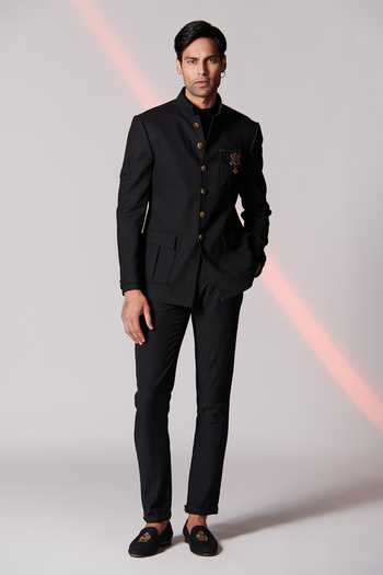 Men's Black Printed Mandarin Collar Bandhgala Blazer main image 1