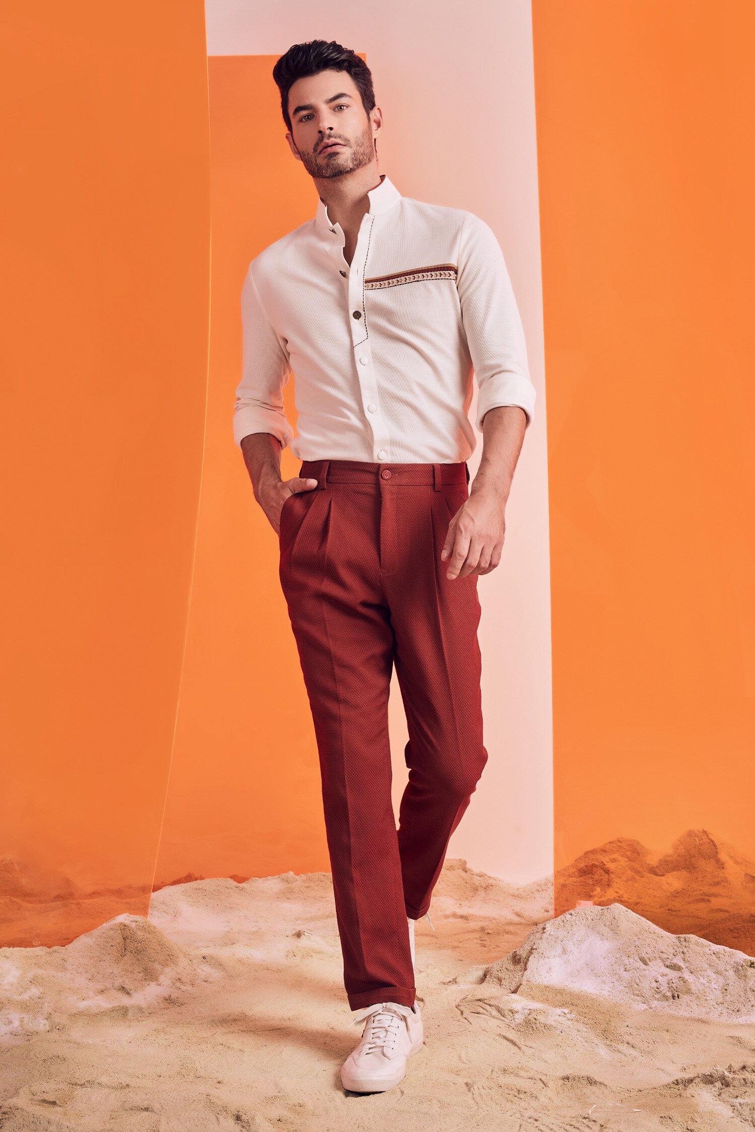 Buy Off White Cotton Solid Mandarin Collar Shirt For Men By S N By 