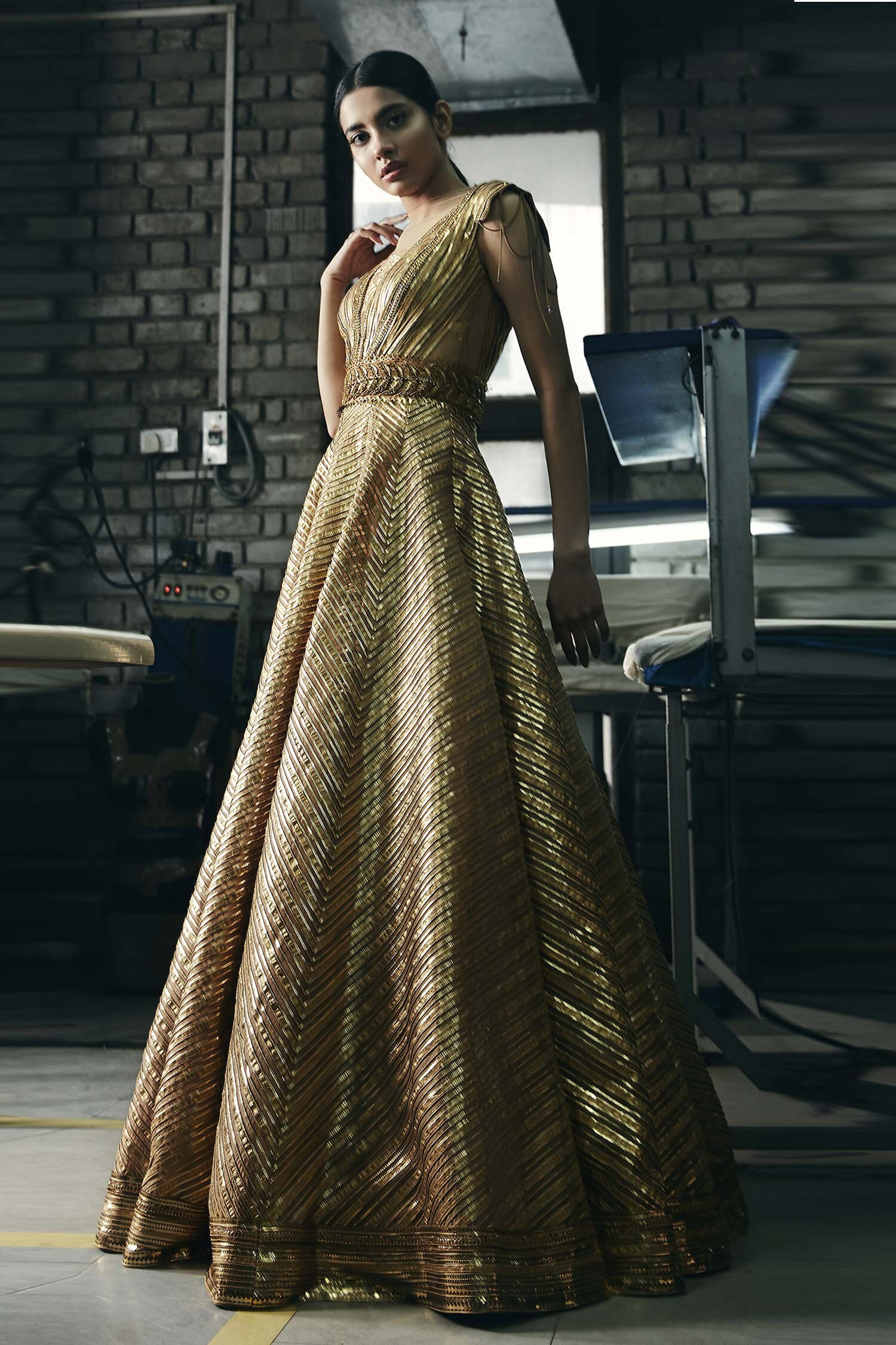 Buy Shantnu Nikhil Gold Hand Embroidered Organza Gown Online | Aza Fashions