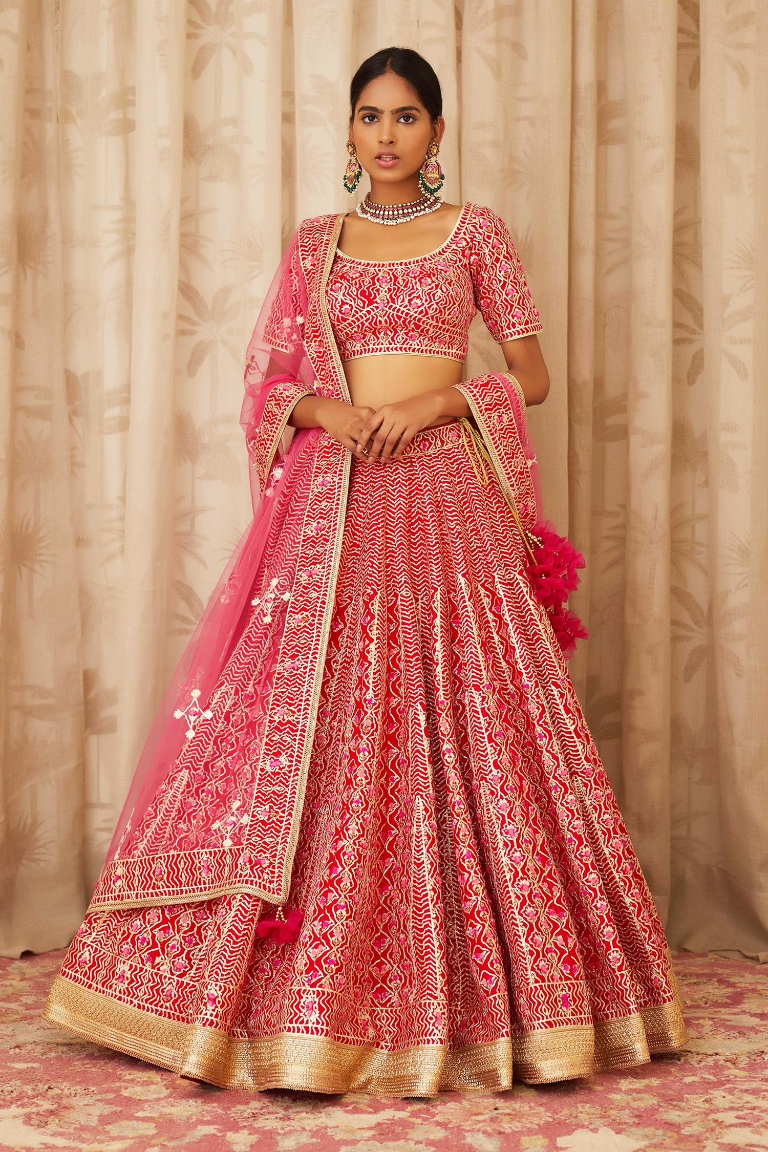 Buy Red Raw Silk Scoop Neck Gota Embroidered Lehenga Set For Women By