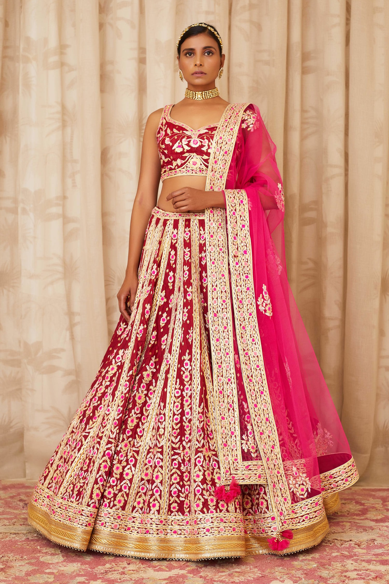 Buy Maroon Brocade Silk Leaf Neck Embroidered Bridal Lehenga Set For ...