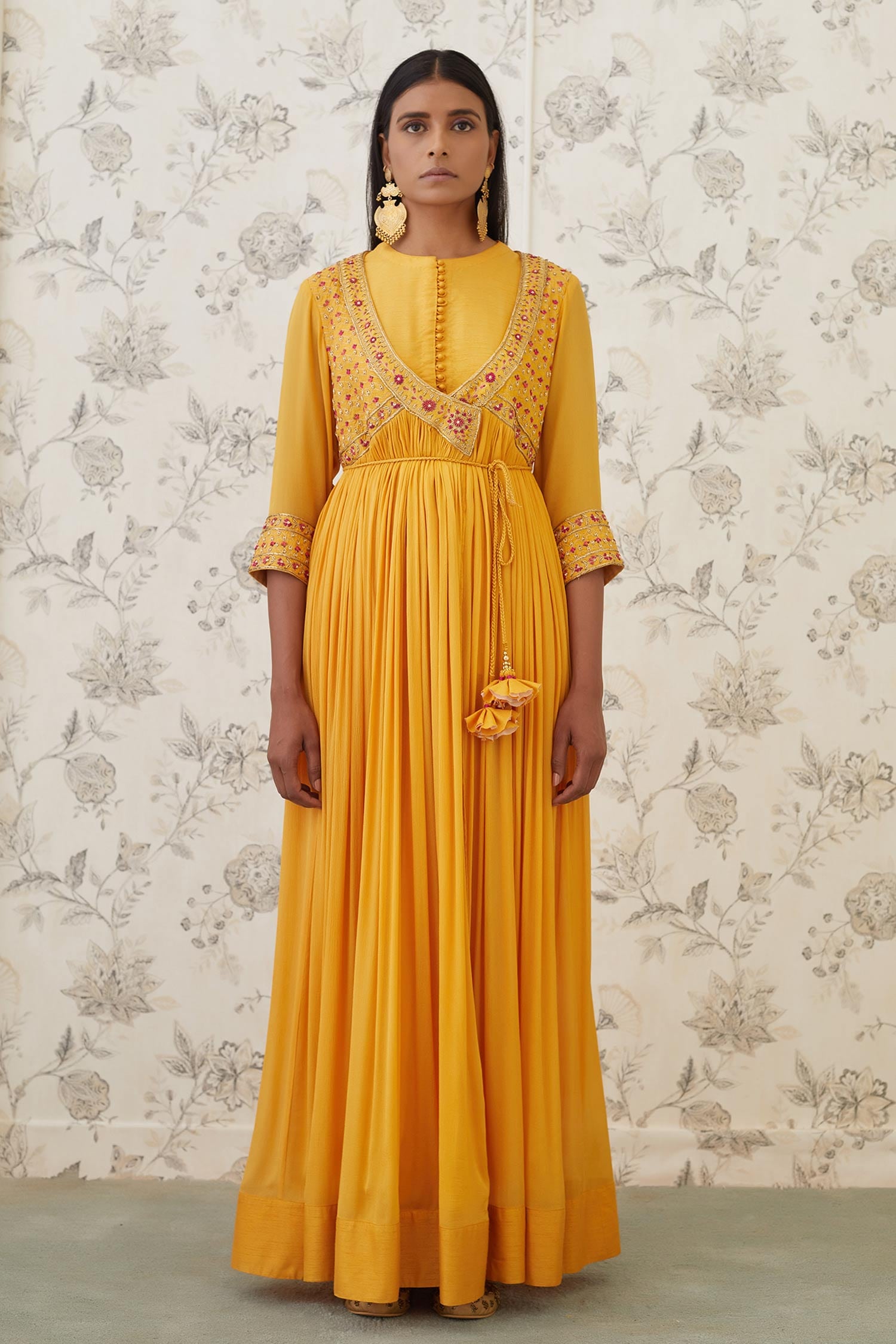 Buy Yellow Viscose Chinnon Round Embroidered Angrakha And Pant Set For ...