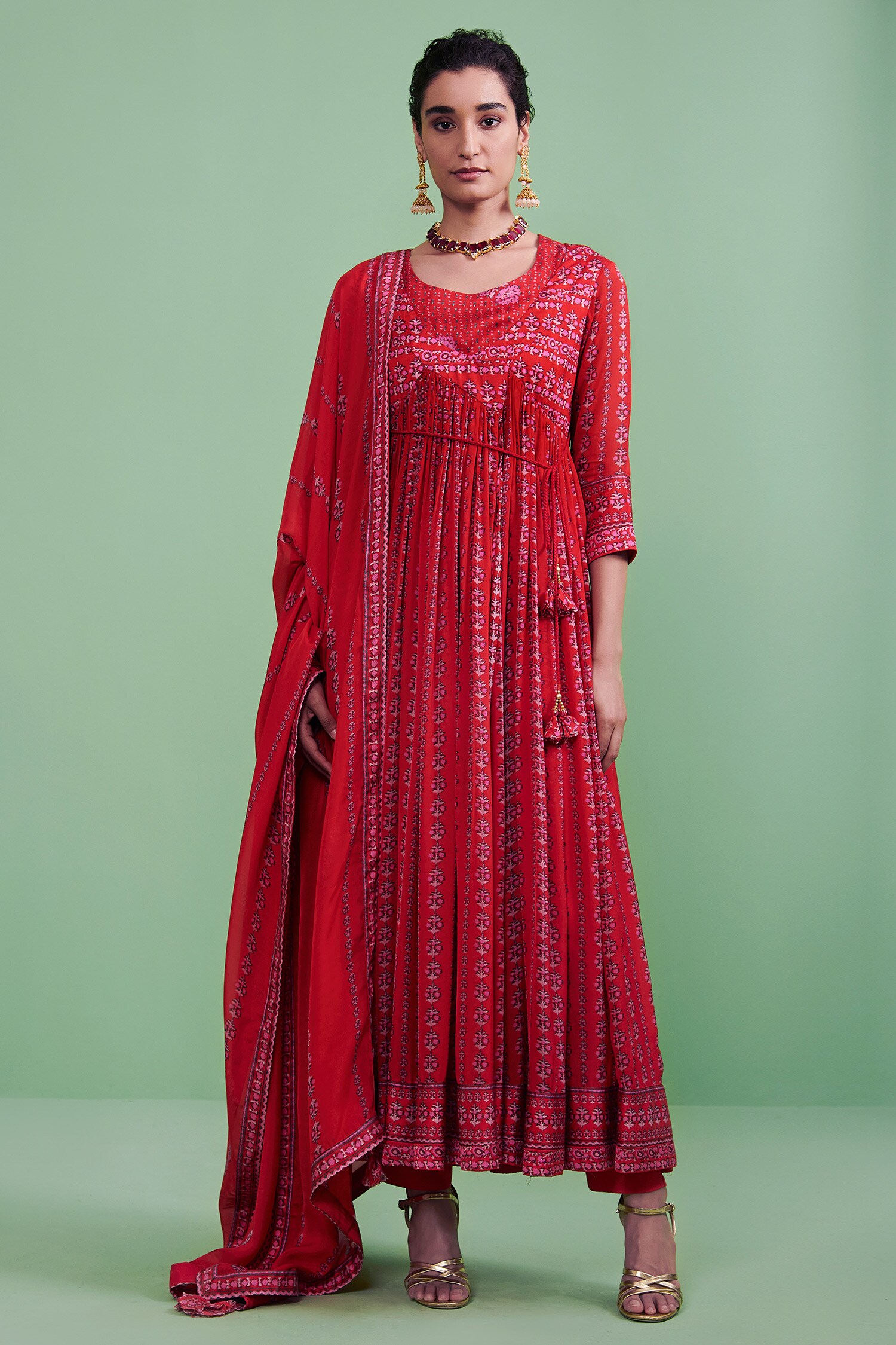Buy Red Cotton Satin Embroidery Round Printed Angarkha Set For Women by ...