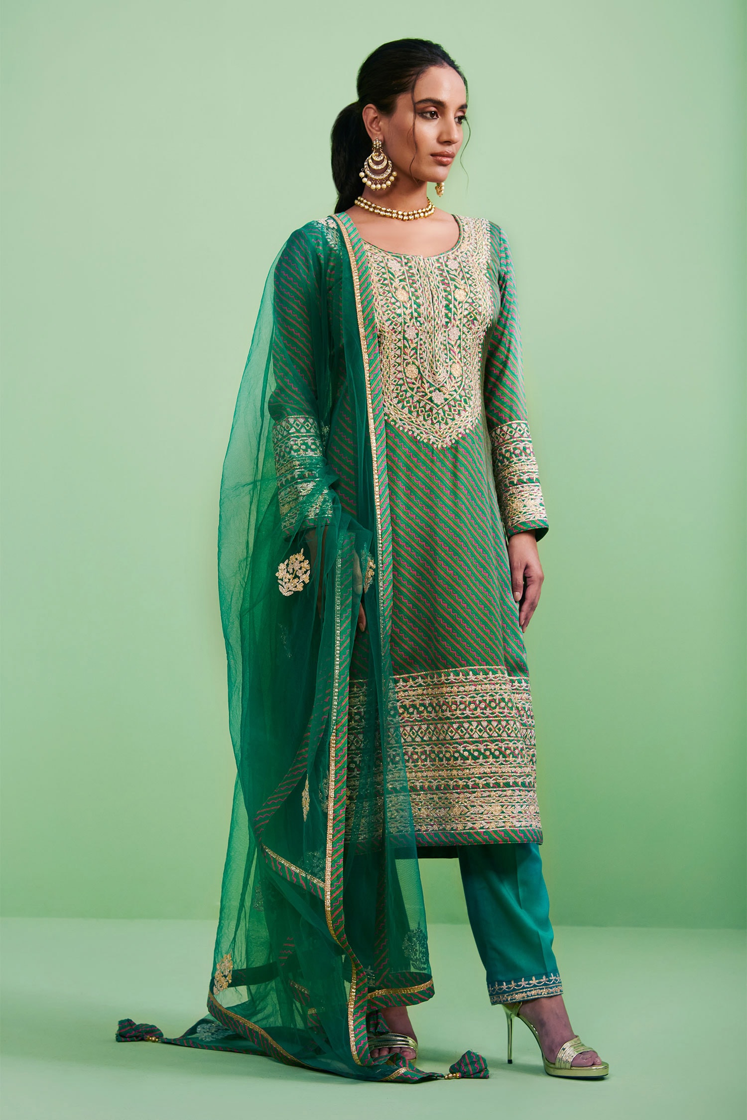 Buy Green Cotton Satin Embroidery Round Gota Kurta Set For Women by ...