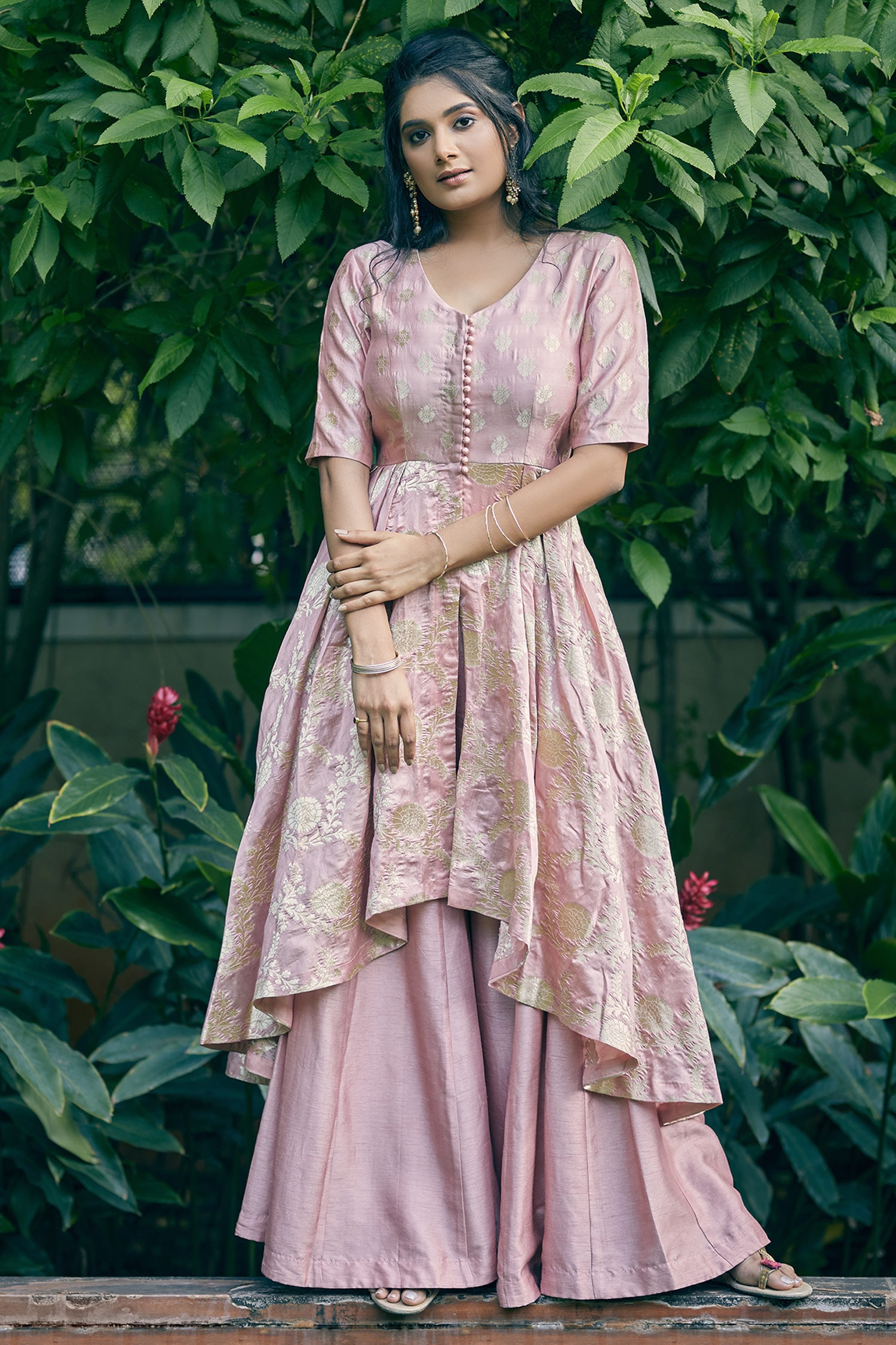 Buy Niti Bothra Pink Banaras Silk Anarkali Palazzo Set Online | Aza Fashions