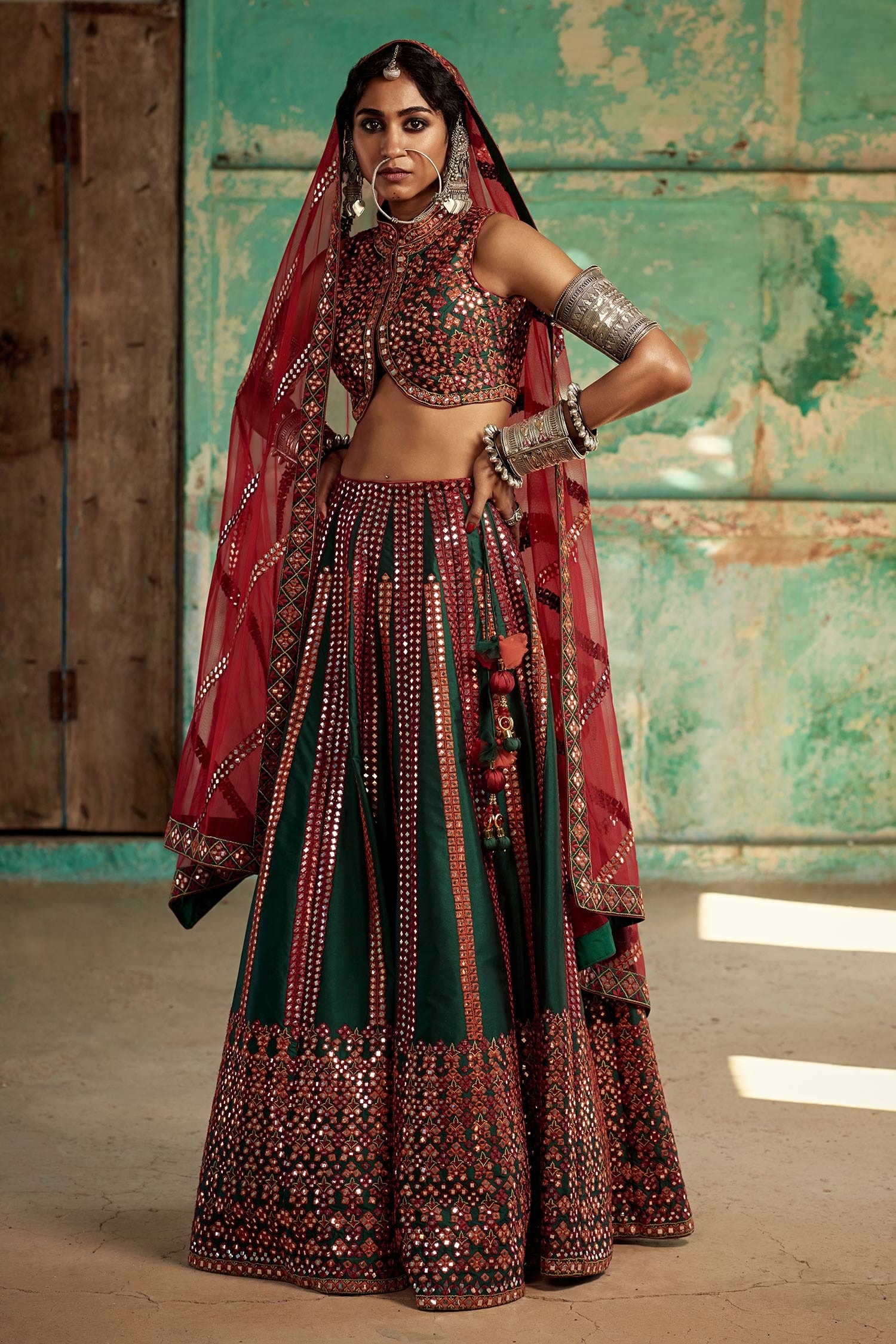 Pure kanchivaram silk Lehenga paired with contrast blouse and tissue  dupatta/ vodni Then pattern of embellishments
