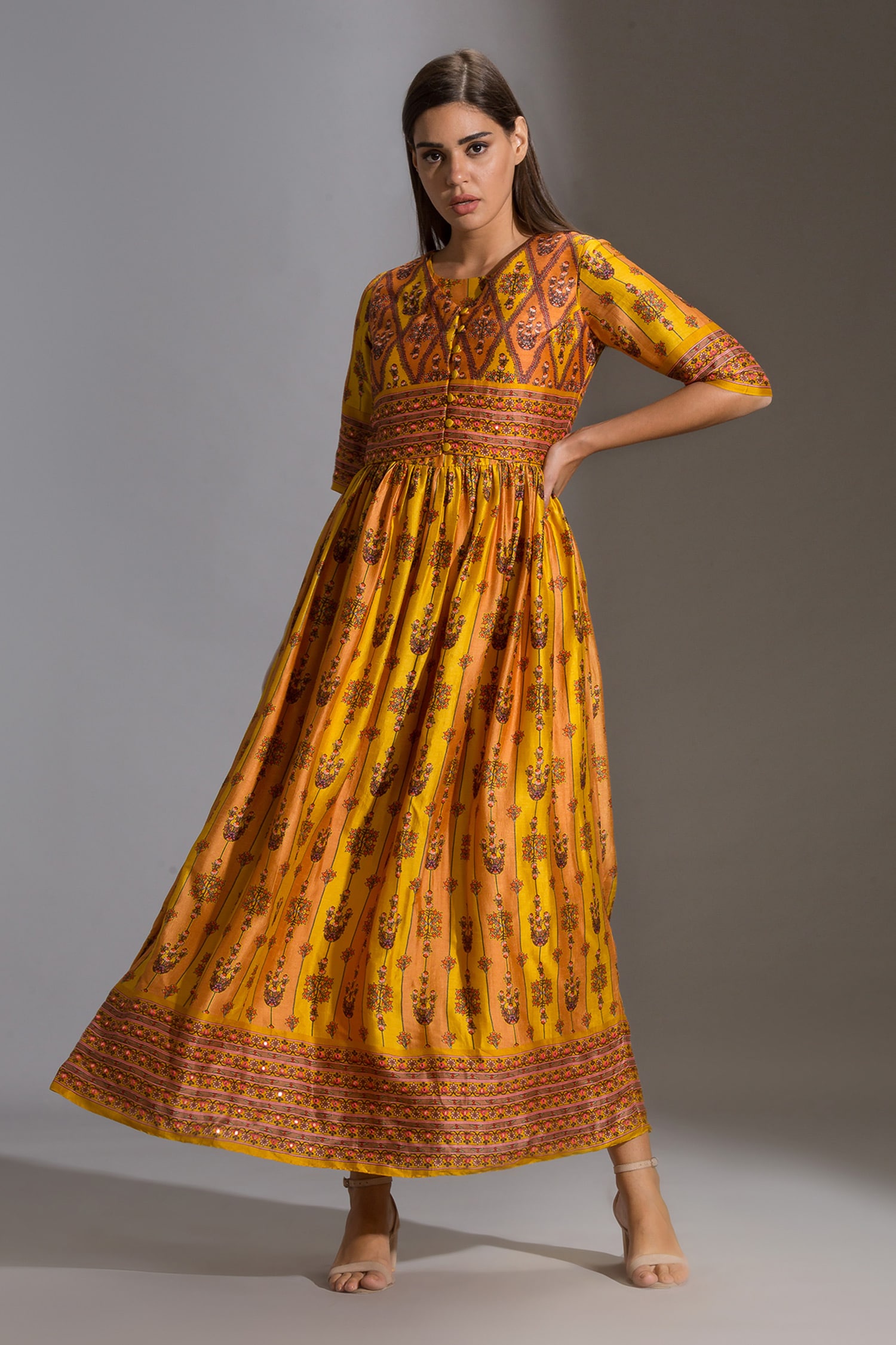 Buy Yellow Malaysian Silk Round Printed Dress With Jacket For Women by Soup  by Sougat Paul Online at Aza Fashions.