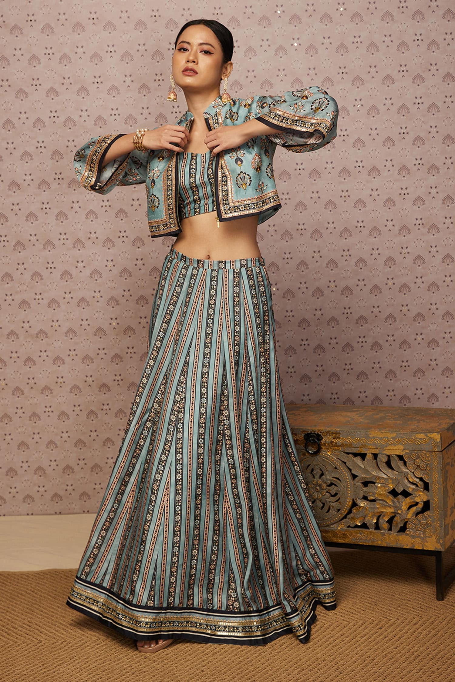 Buy Blue Silk And Embroidery Sarouk & Sequin Jacket Lehenga Set For Women  by Soup by Sougat Paul Online at Aza Fashions.