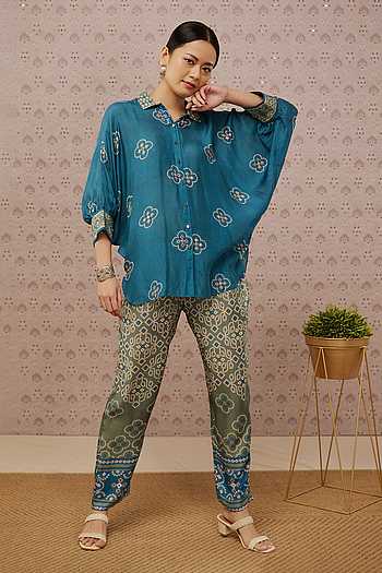 Women's Gajji Silk Bandhej Co-ord Set with Real Mirror Work and Straight Pants