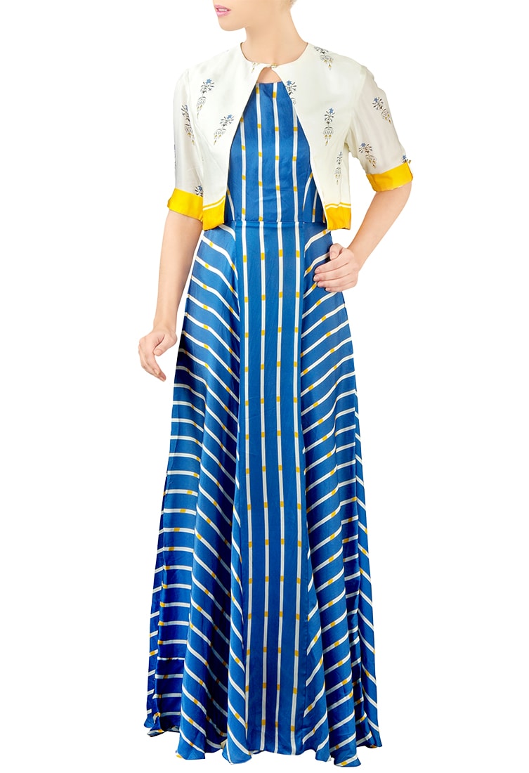 Soup by Sougat Paul Blue Round Striped Dress With Printed Jacket For Women