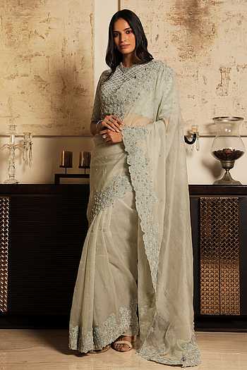 Women's Organza Light Green Embroidered Designer Saree With Blouse Piece