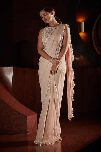 Mustard Pre Draped Pleated Metallic Saree
