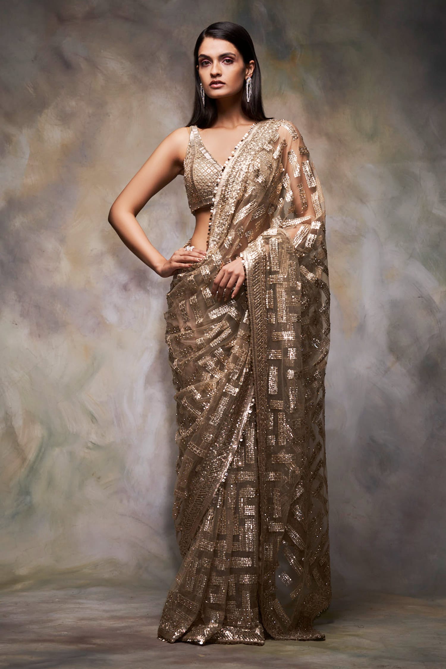 Seema Gujral Gold Net Embroidery V Neck Embellished Saree With Blouse For Women