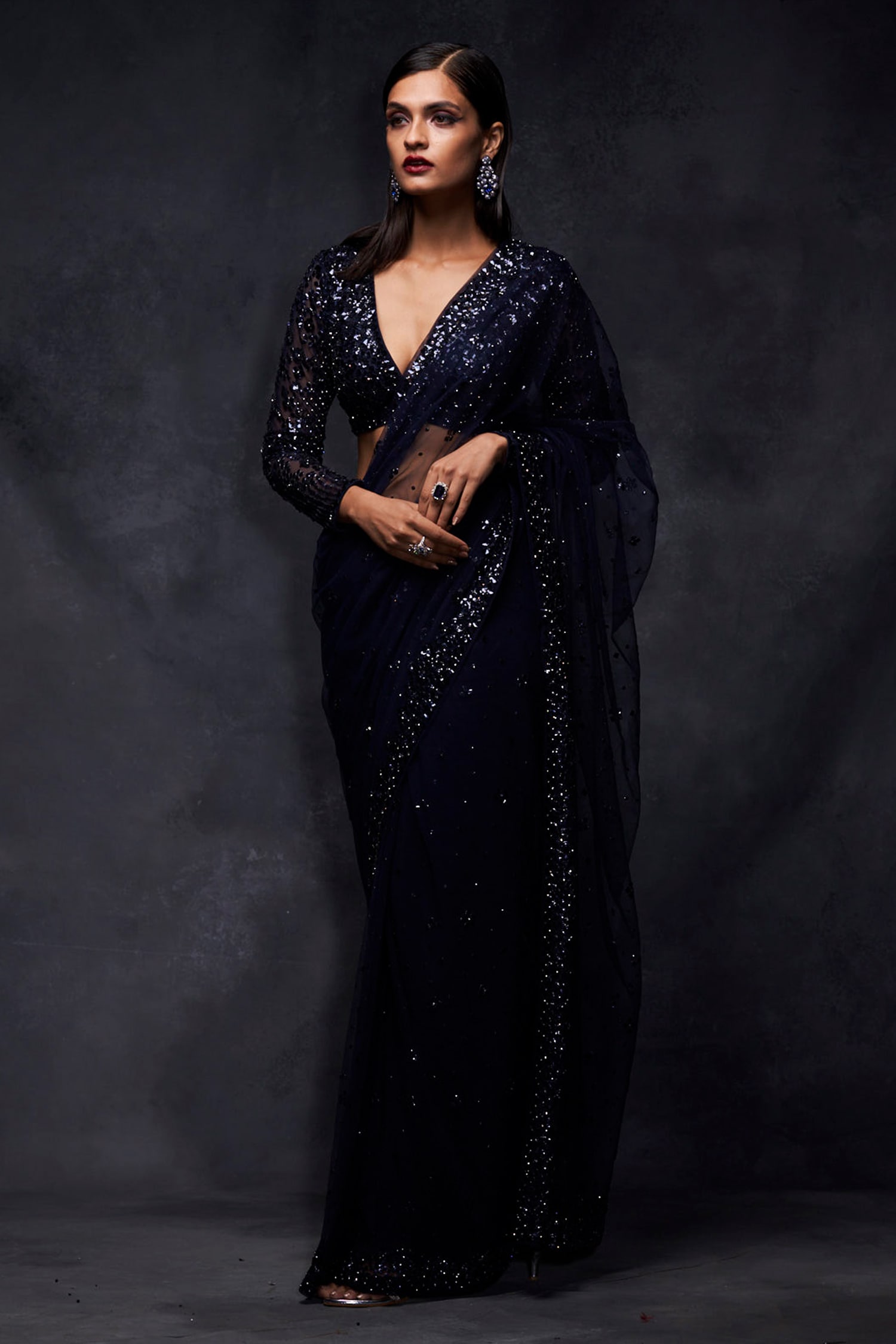 Buy Blue Net Embroidery V Neck Embellished Saree With Blouse For Women By Seema Gujral Online At 