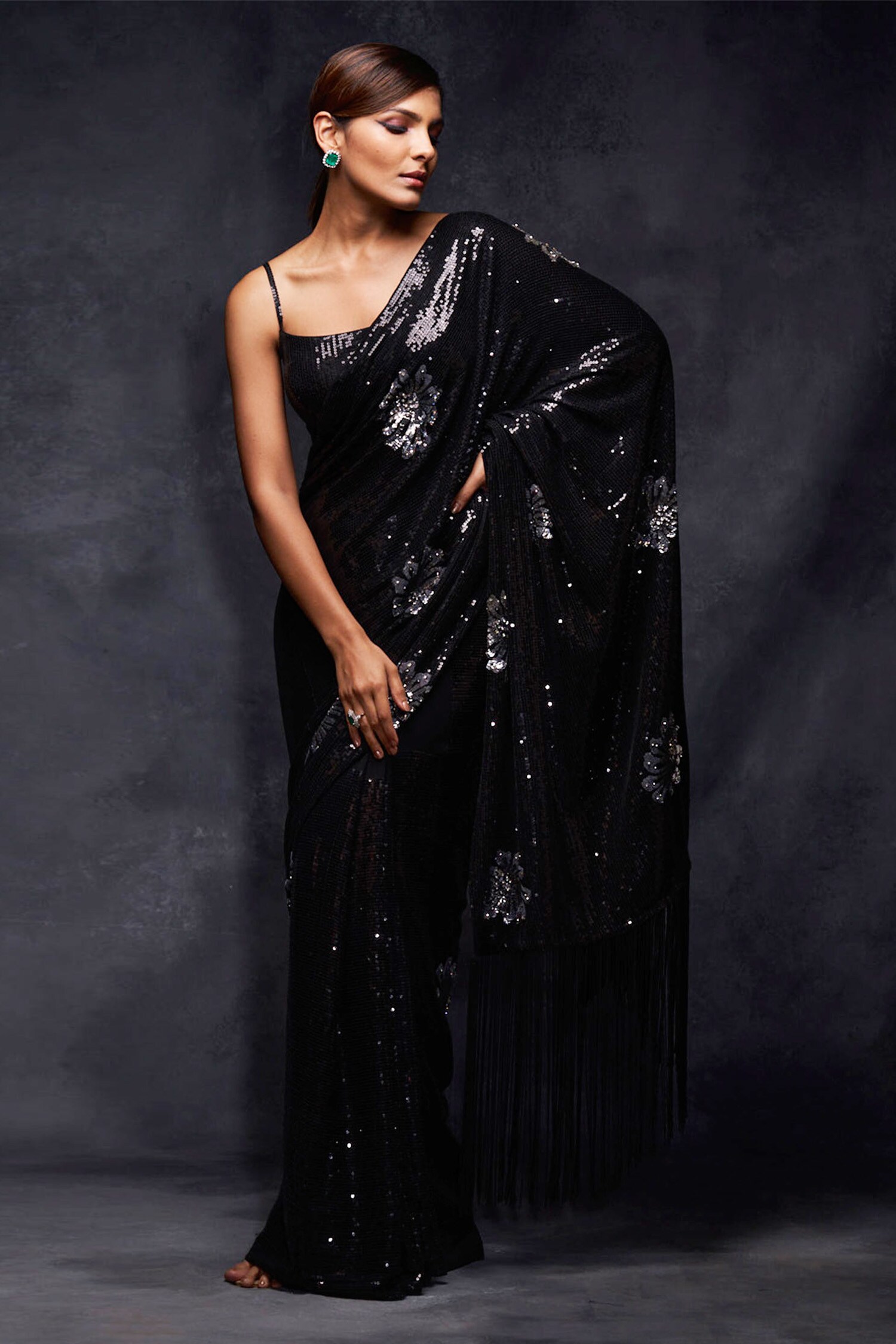 Black Organza Cord and Mirror Embellished Saree – SNAZZYHUNT