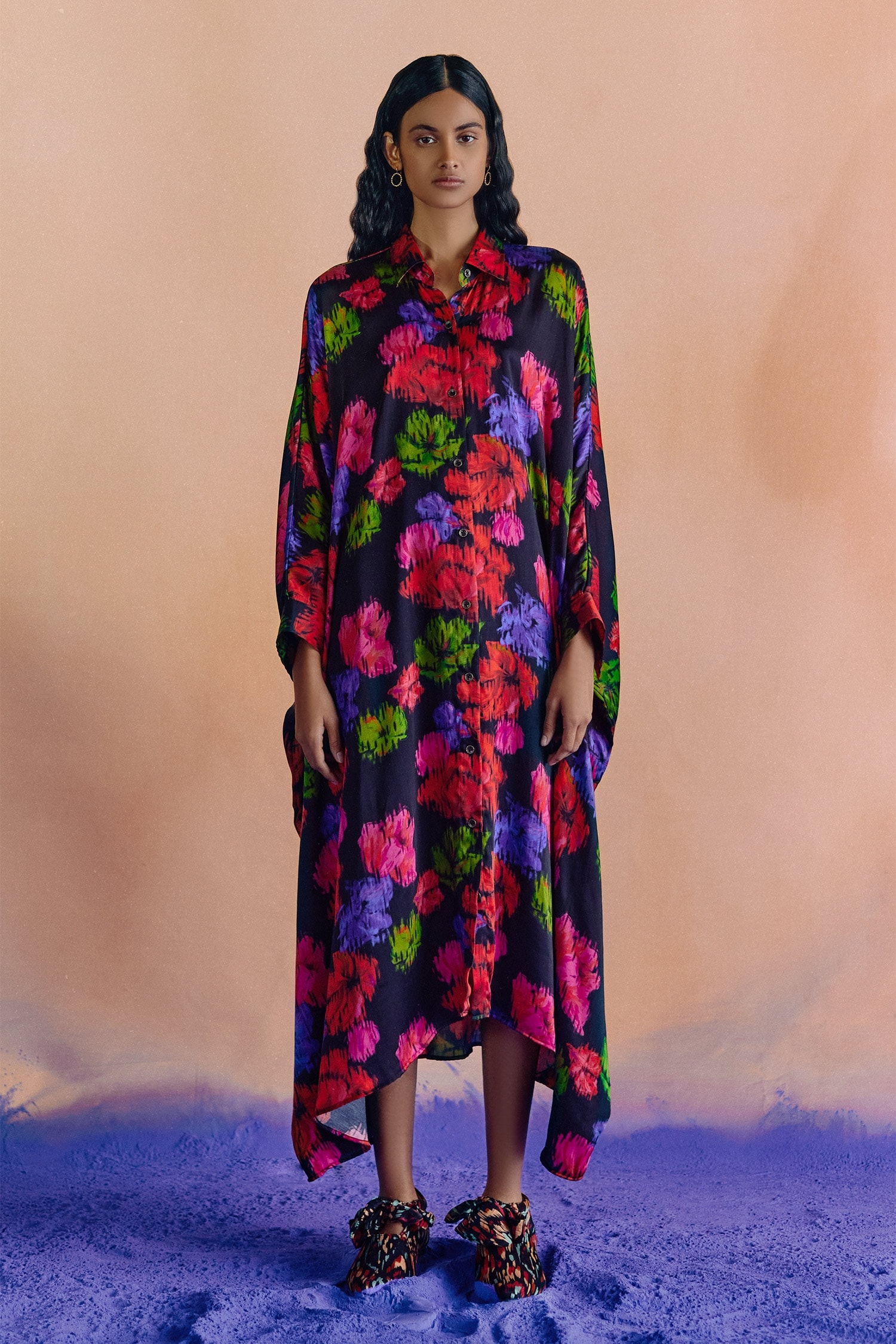 Buy Multi Color Vegan Silk Printed Floral Collared Neck Kimono Dress ...