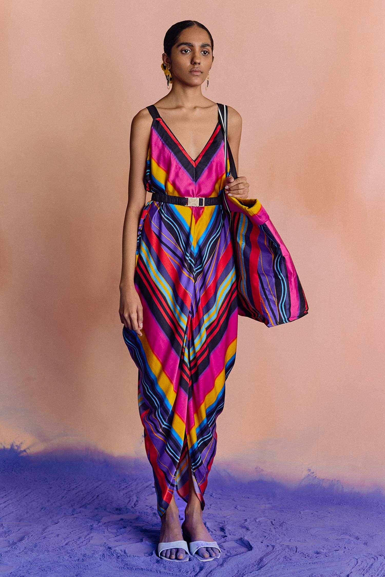 Buy Multi Color Vegan Silk Printed Striped V Neck Ruched Dress For ...