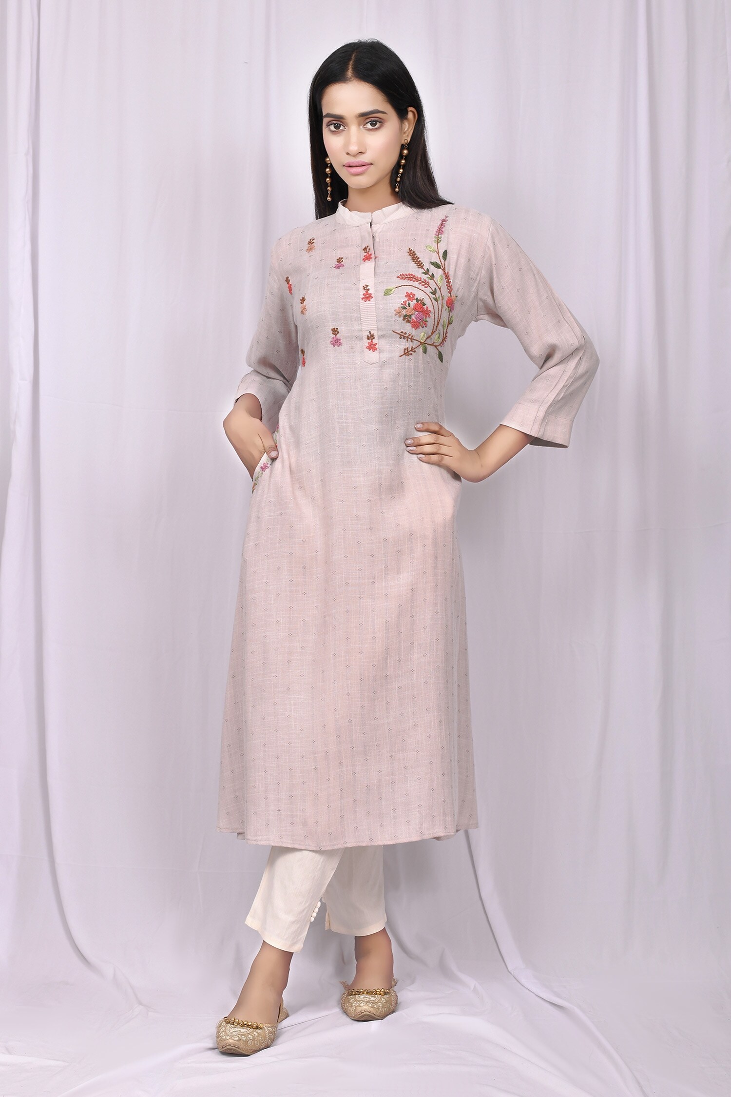 Buy Naintara Bajaj Grey Cotton Embroidered Kurta And Pant Set Online