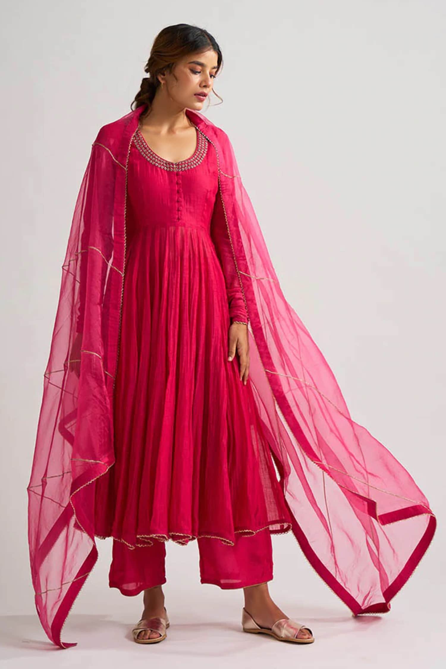 Buy Dot Pink Chanderi Anarkali Set Online | Aza Fashions