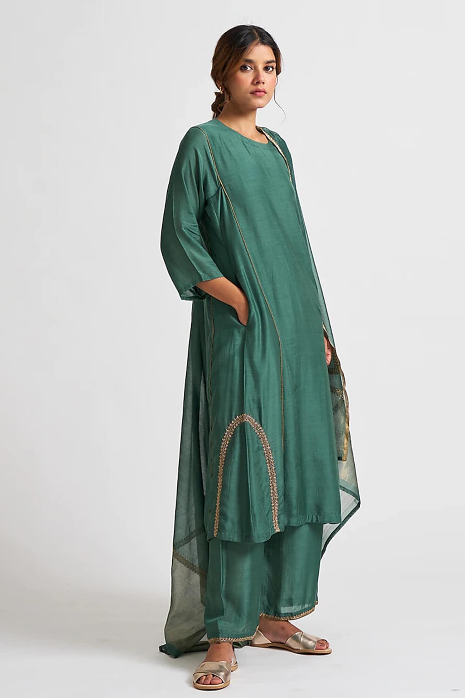 Buy Dot Green Cotton Silk Embroidered Kurta Palazzo Set Online | Aza ...