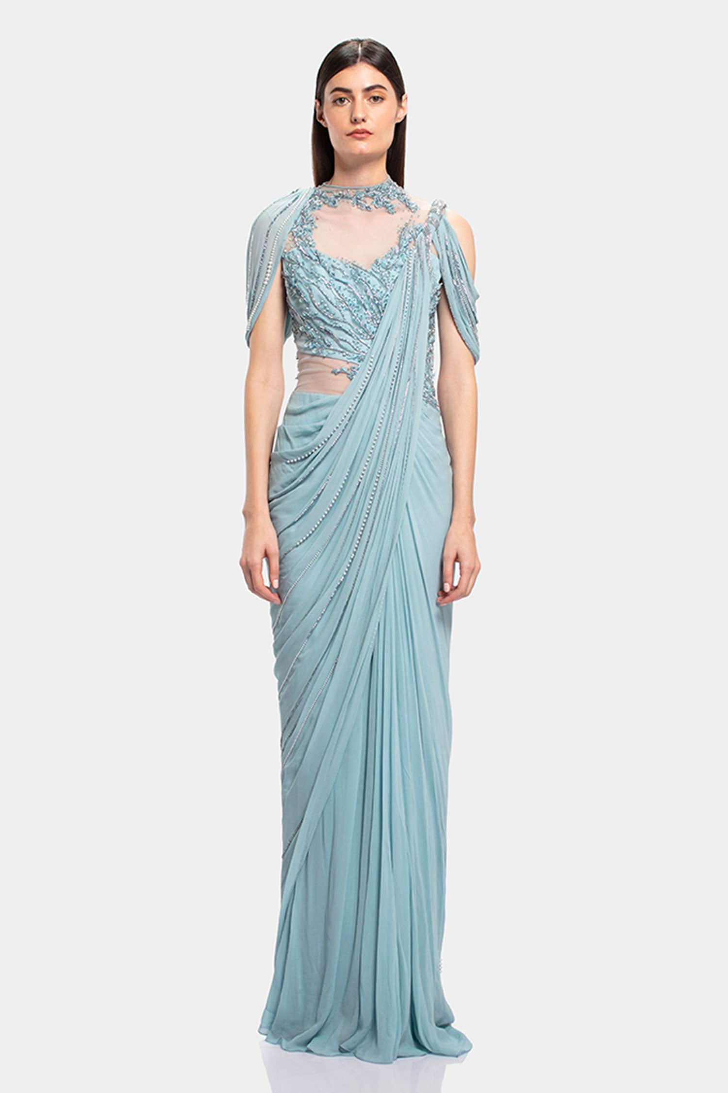 Buy Gaurav Gupta Blue Silk Georgette Embellished Draped Saree Gown ...