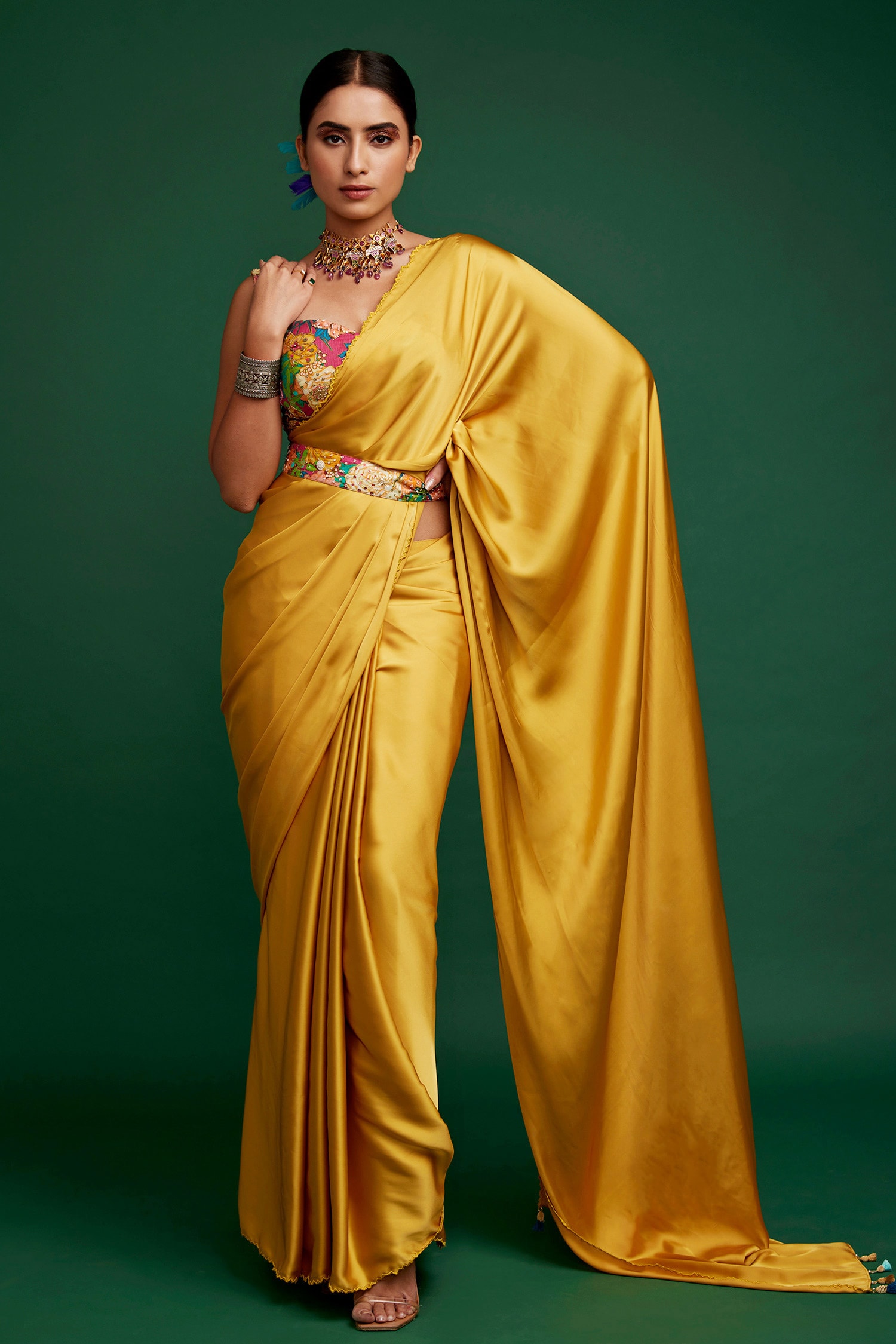 Apeksha Jain Label Yellow Silk Satin Printed Floral Pre-draped Saree With Blouse For Women