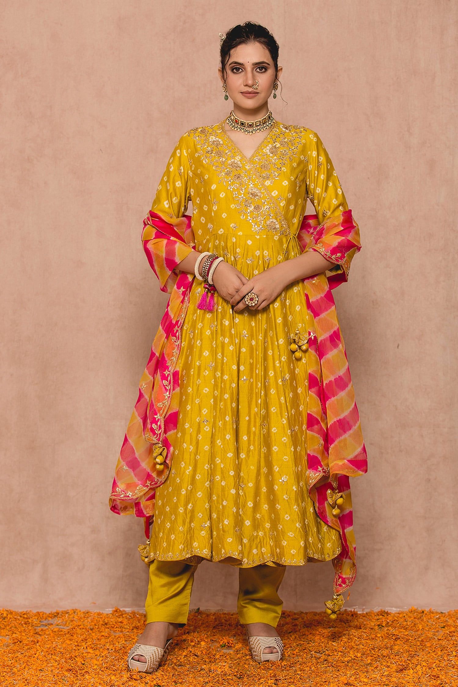 Surbhi shah Yellow Cotton Bandhej Print Angrakha Anarkali Set