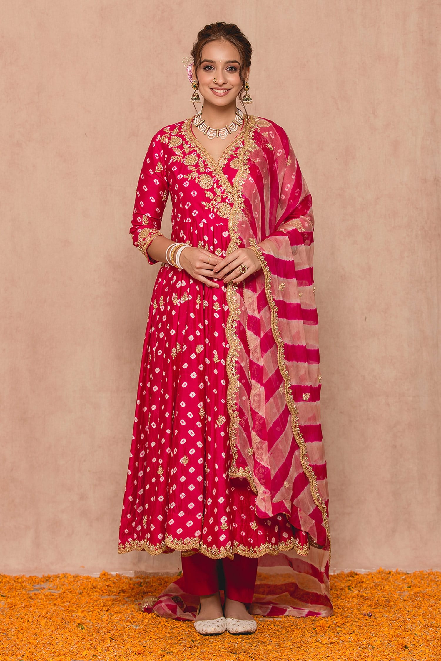 Surbhi shah Pink Cotton Bandhej Print Angrakha Anarkali Set