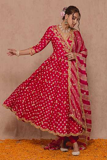 Hot Pink Bandhej Print Pure Cotton Semi formal Anarkali suit main image 0