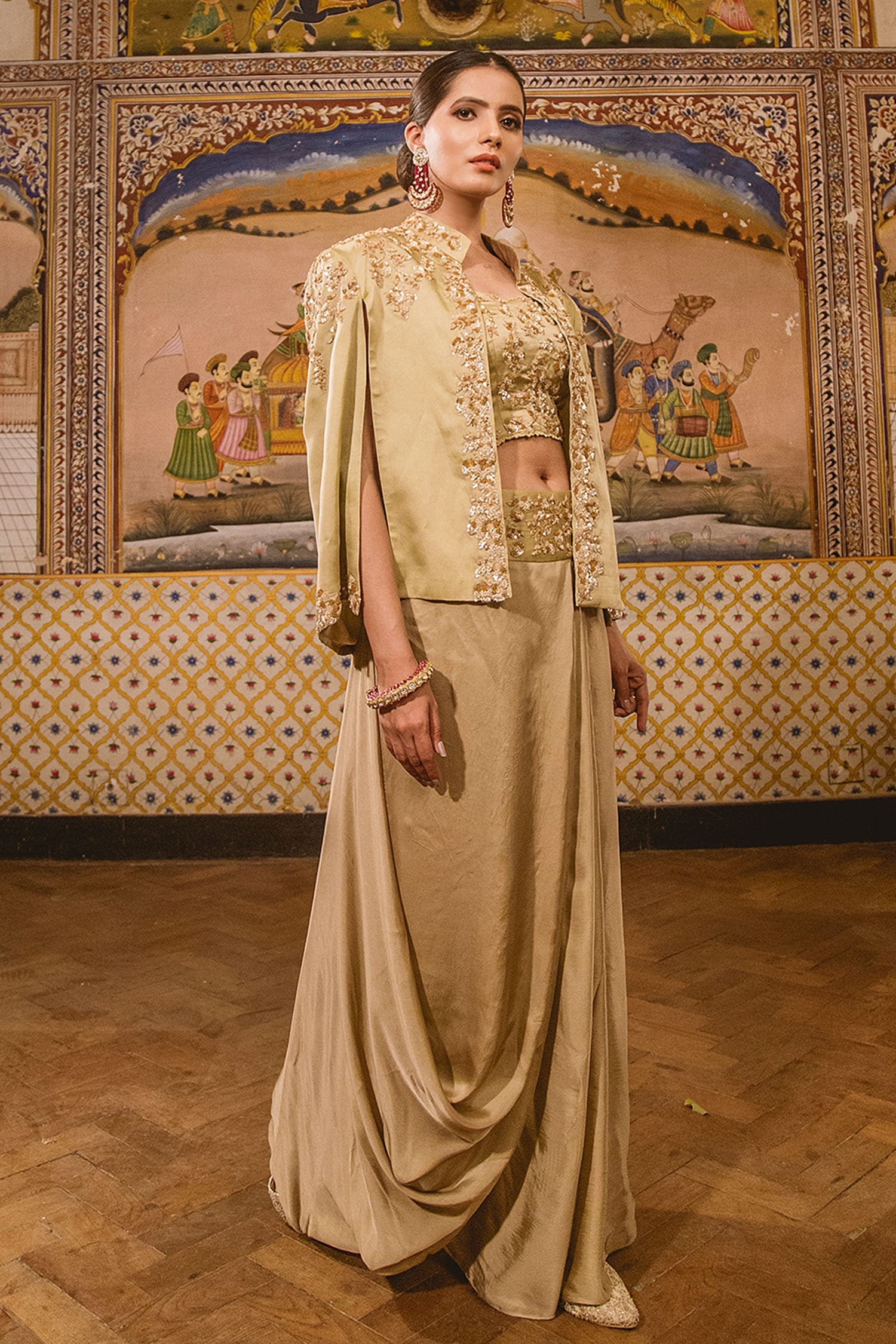 Surbhi shah Beige Satin Organza Embroidered Cape And Draped Skirt Set
