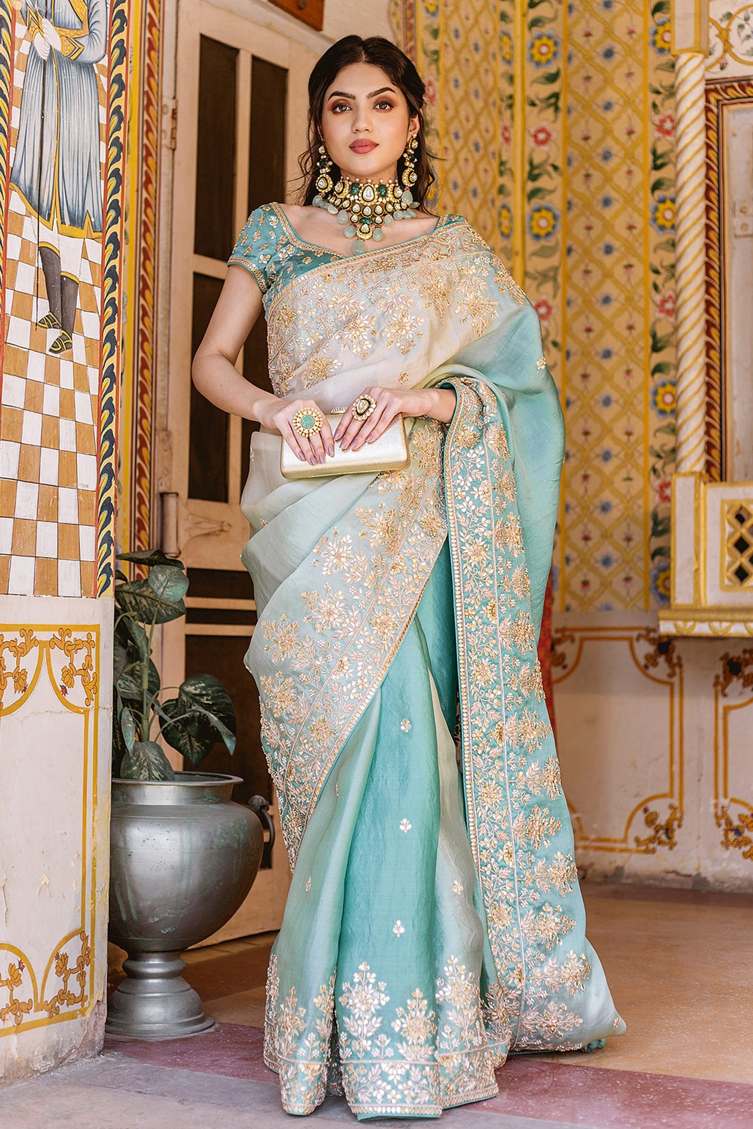Surbhi shah Blue Satin Organza Ombre Embroidered Saree With Blouse