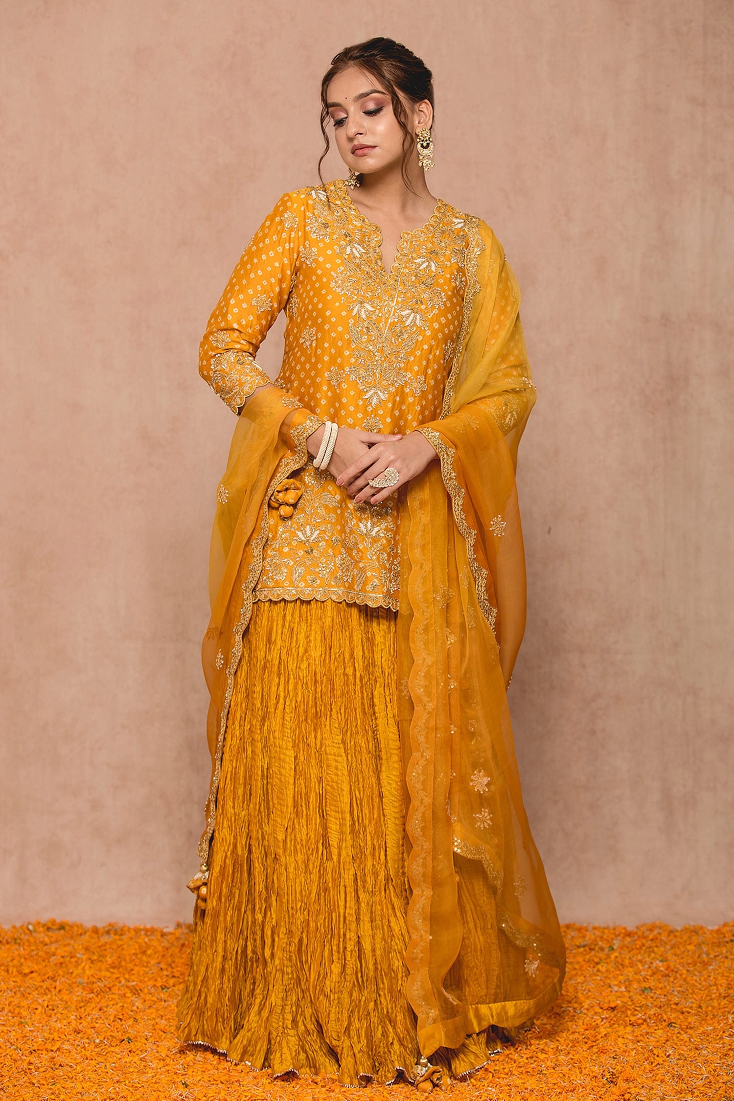 Surbhi shah Yellow Cotton Bandhej Kurta Lehenga Set