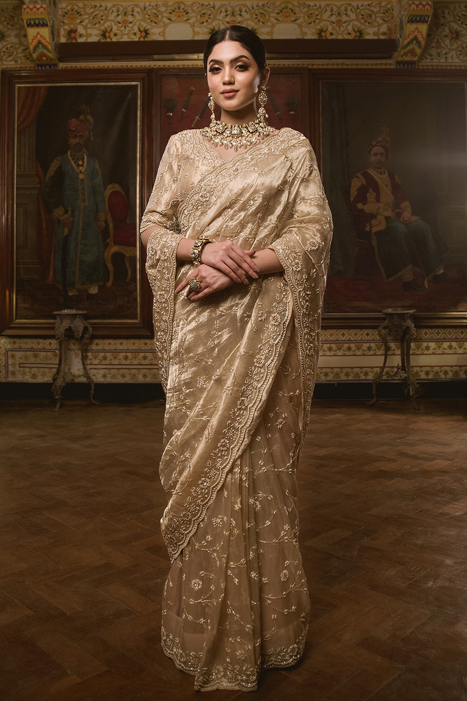 Surbhi shah Gold Chanderi Tissue Embroidered Saree Set