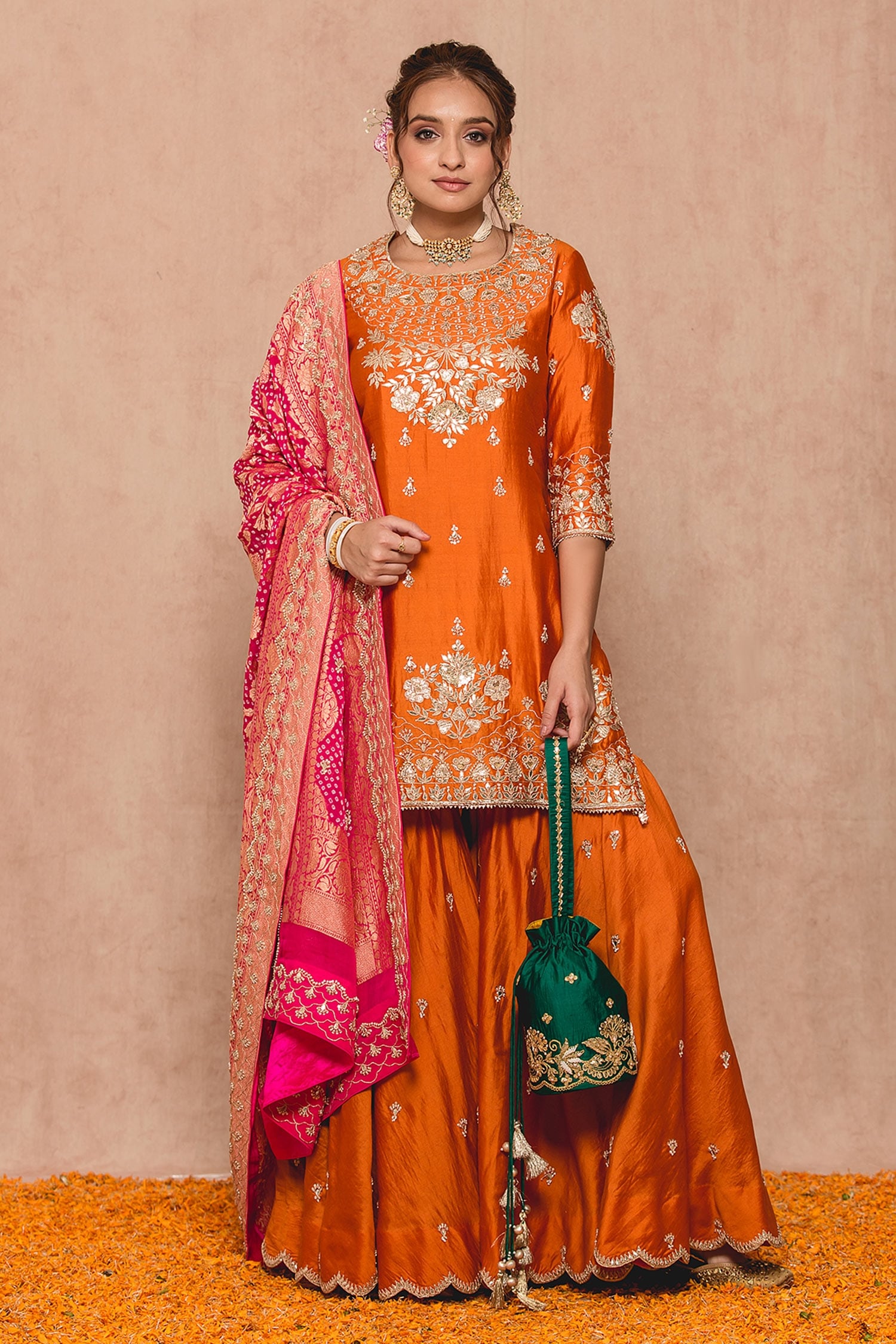 Surbhi shah Orange Cotton Embroidered Gota Work Round Floral Kurta Sharara Set For Women
