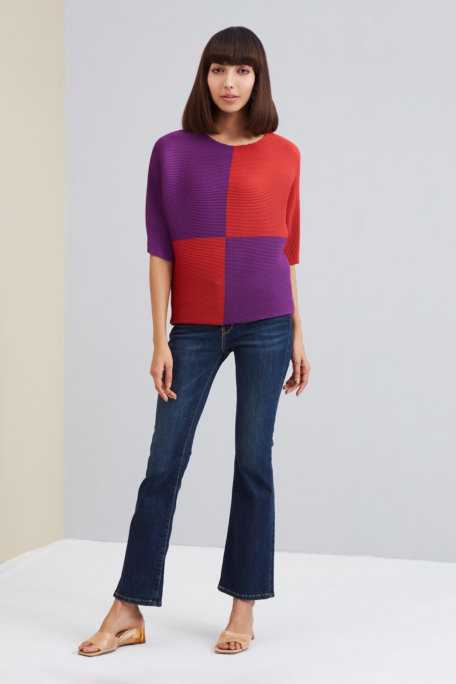 Buy Scarlet Sage Red Polyester Beth Colorblock Cube Pleated Top Onl image pic