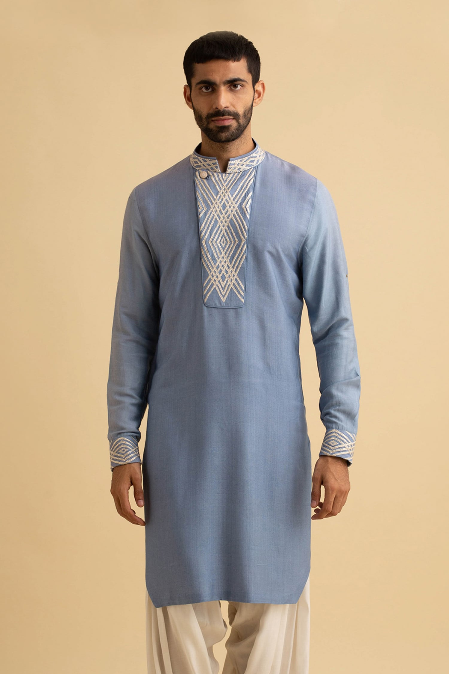 Buy Blue 50% Cotton Embroidered Silk Kurta For Men by Philocaly Online ...