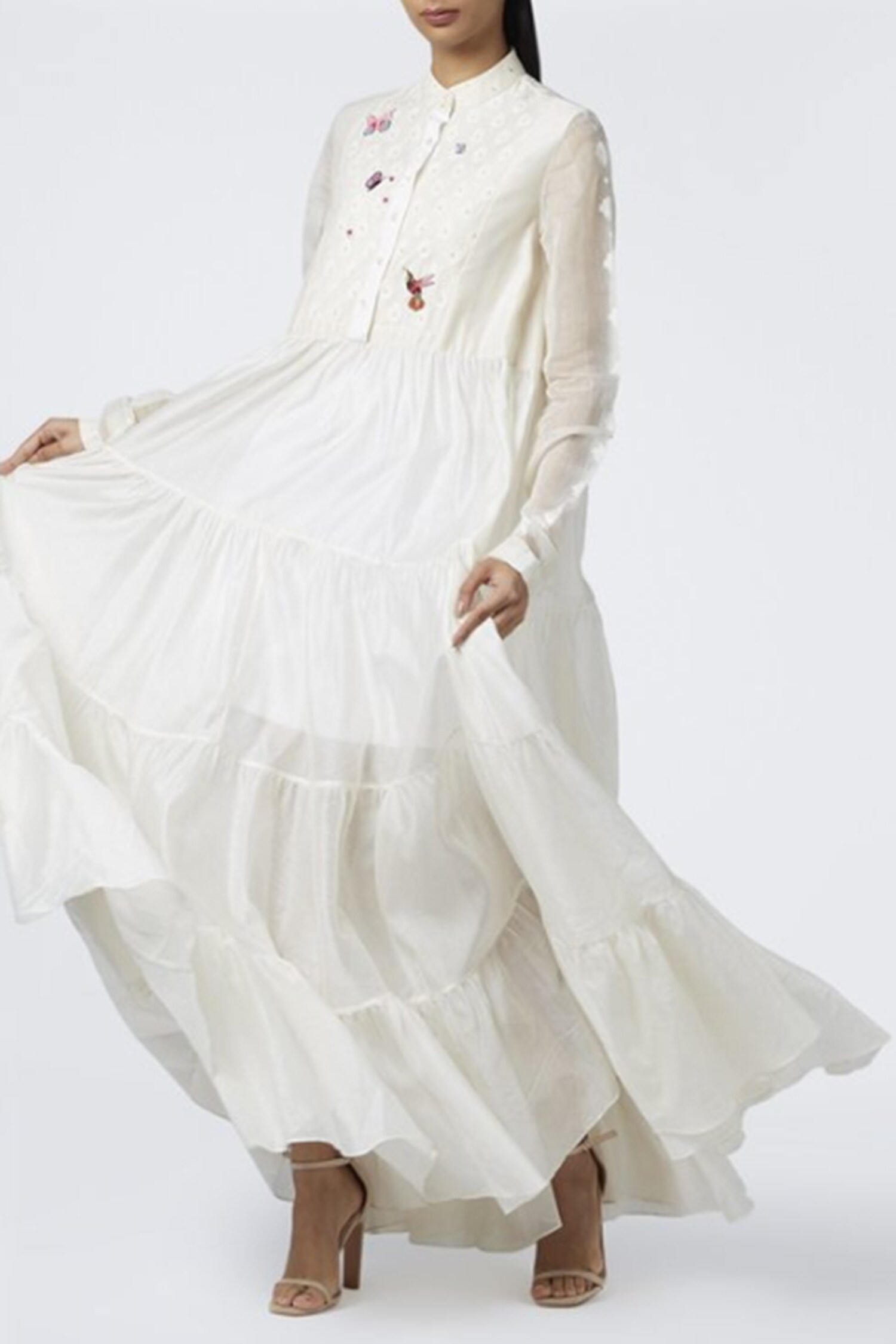 White Floral Printed Mandarin Collar Cotton Maxi Dress » BRITHIKA