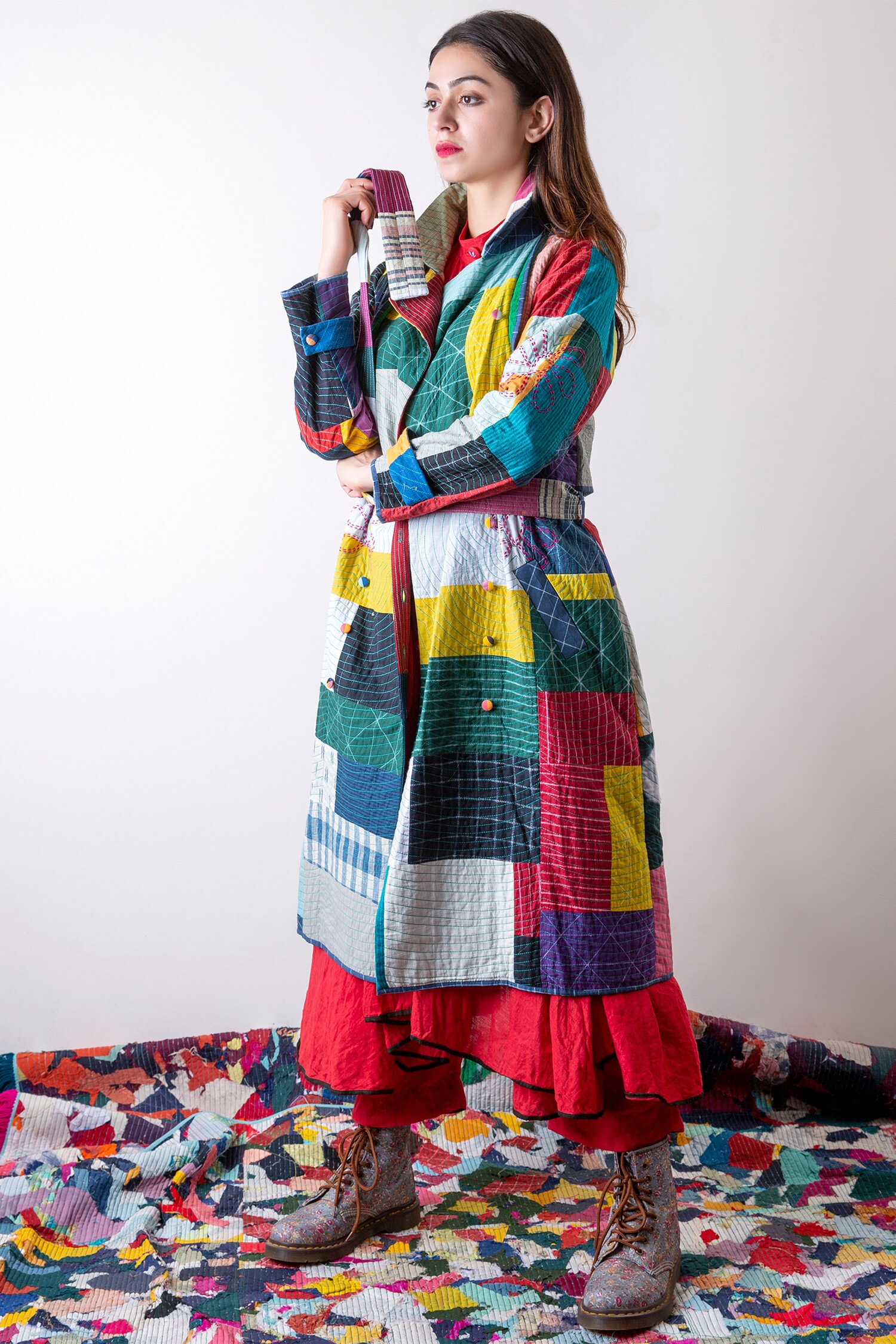 Ka-Sha Multi Color Upcycled Fabric Patchwork Trench Jacket